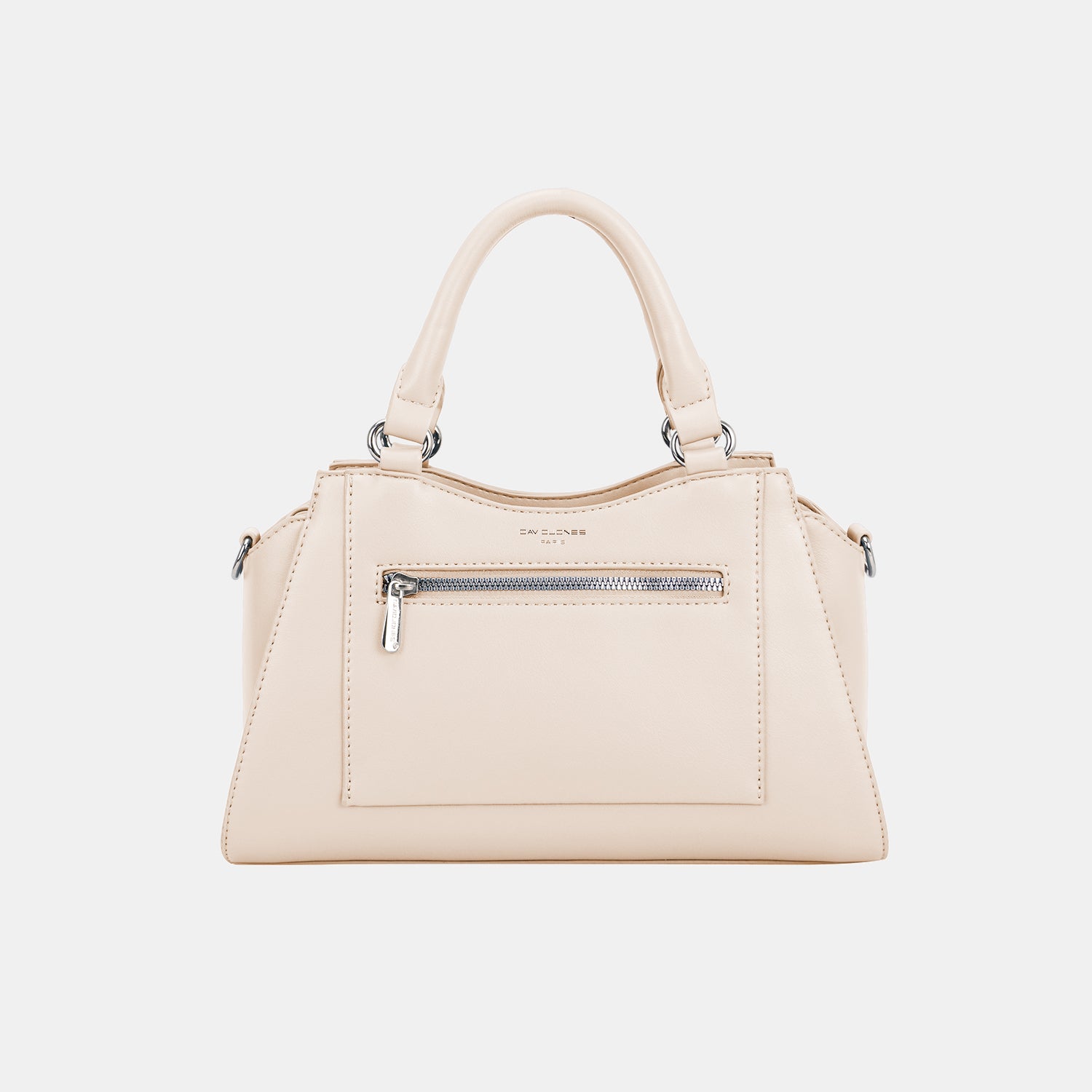 The David Jones PU Leather Handbag in light blue features a top handle and a front zip pocket, making it the perfect stylish accessory to complement any outfit.