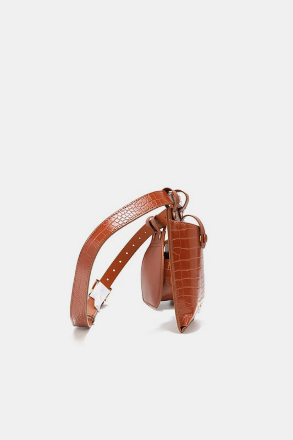 The Nicole Lee USA 2 Piece Texture Belt Bag is a brown vegan leather belt with an attached phone case and small pouch featuring a crocodile skin pattern. The adjustable belt also includes removable pouches for added convenience and style.