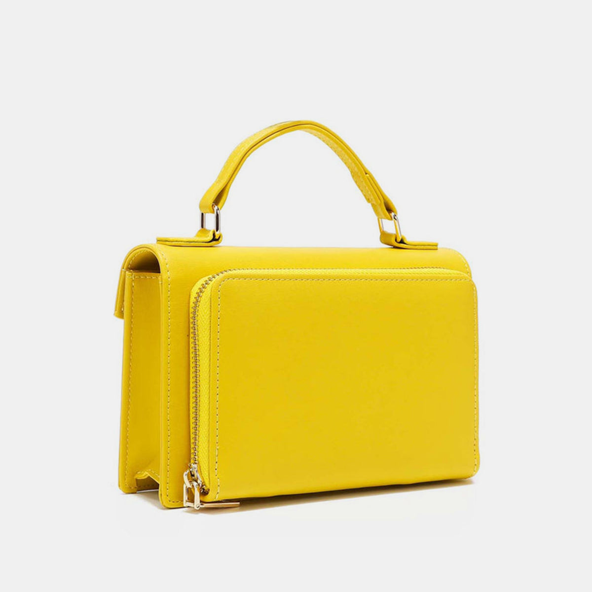 The Nicole Lee USA Small Crossbody Wallet in bright yellow features a handle and flap closure, accented with "nicole lee" in metallic letters on the front. It also includes an adjustable crossbody strap for versatile wear.