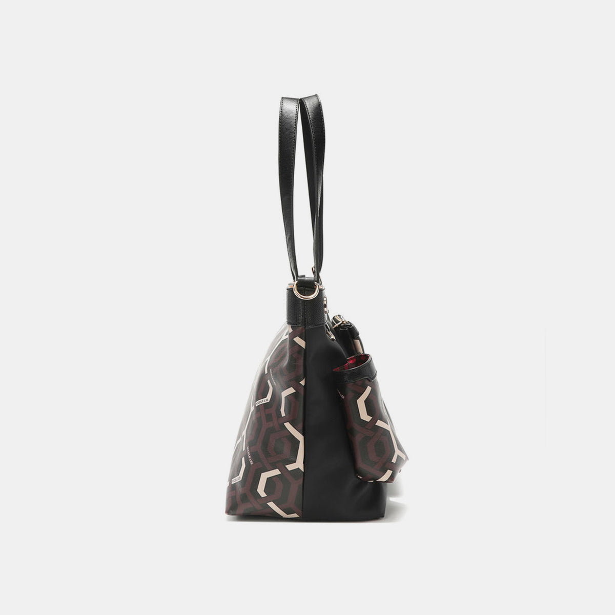 The Nicole Lee USA Geometric Pattern Large Handbag is a stylish women's handbag crafted from black vegan leather, adorned with versatile geometric designs in brown and beige on its front pockets.