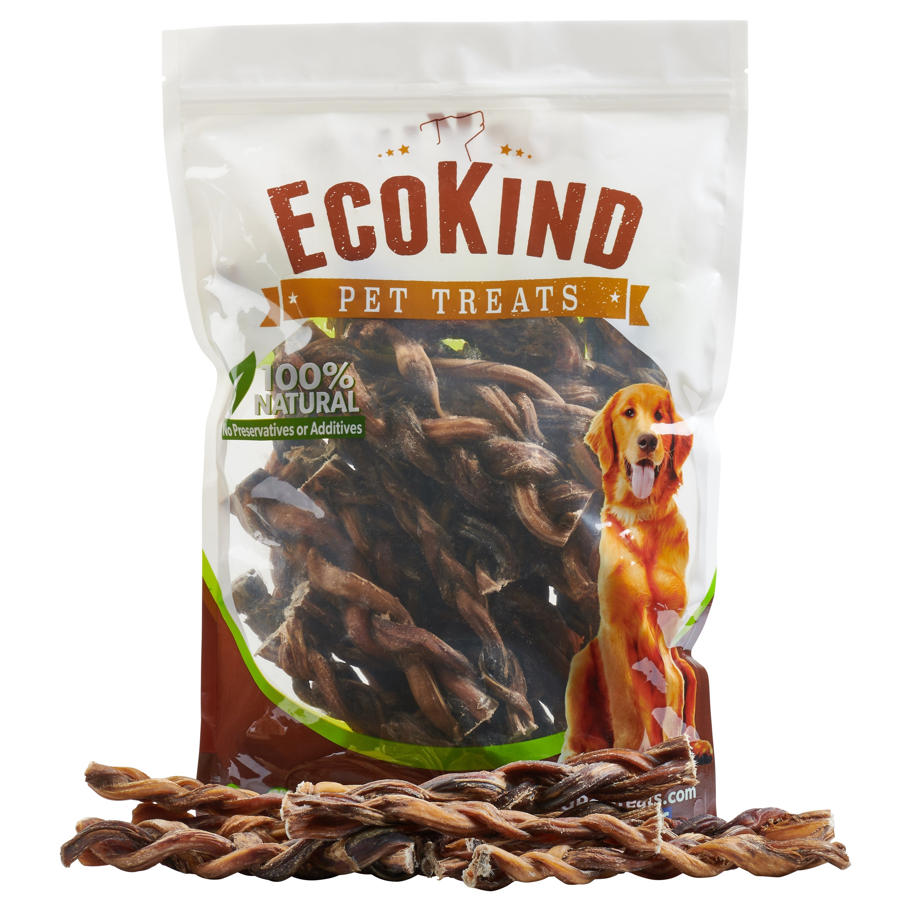 Bag of Grass-Fed Beef Braided Bully Sticks, featuring chicken-flavored EcoKind pet treats with an image of a happy dog on the packaging. These all-natural dog chews are crafted from grass-fed cattle, with braided bully sticks prominently displayed in front for your furry friend's delight.