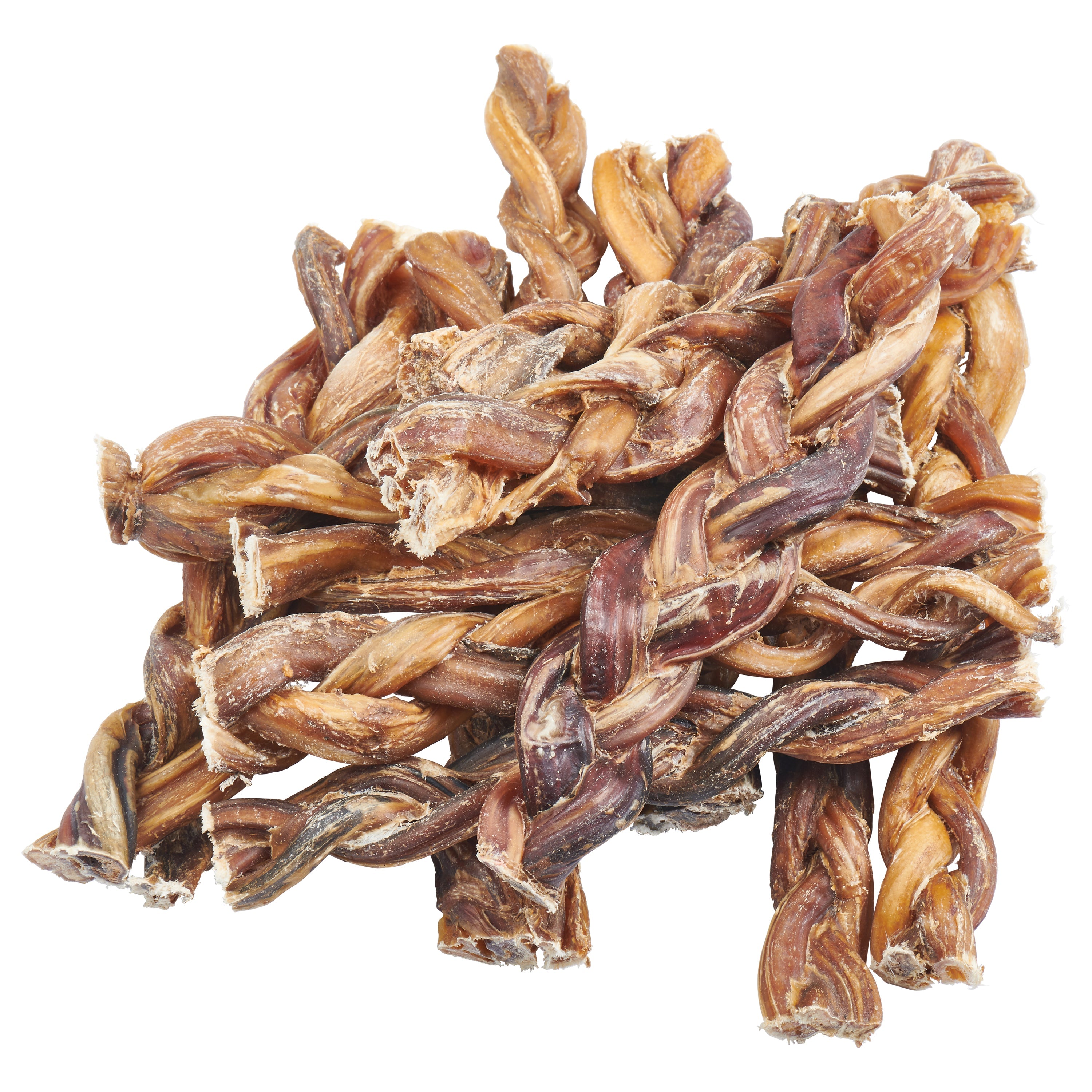 Bag of Grass-Fed Beef Braided Bully Sticks, featuring chicken-flavored EcoKind pet treats with an image of a happy dog on the packaging. These all-natural dog chews are crafted from grass-fed cattle, with braided bully sticks prominently displayed in front for your furry friend's delight.