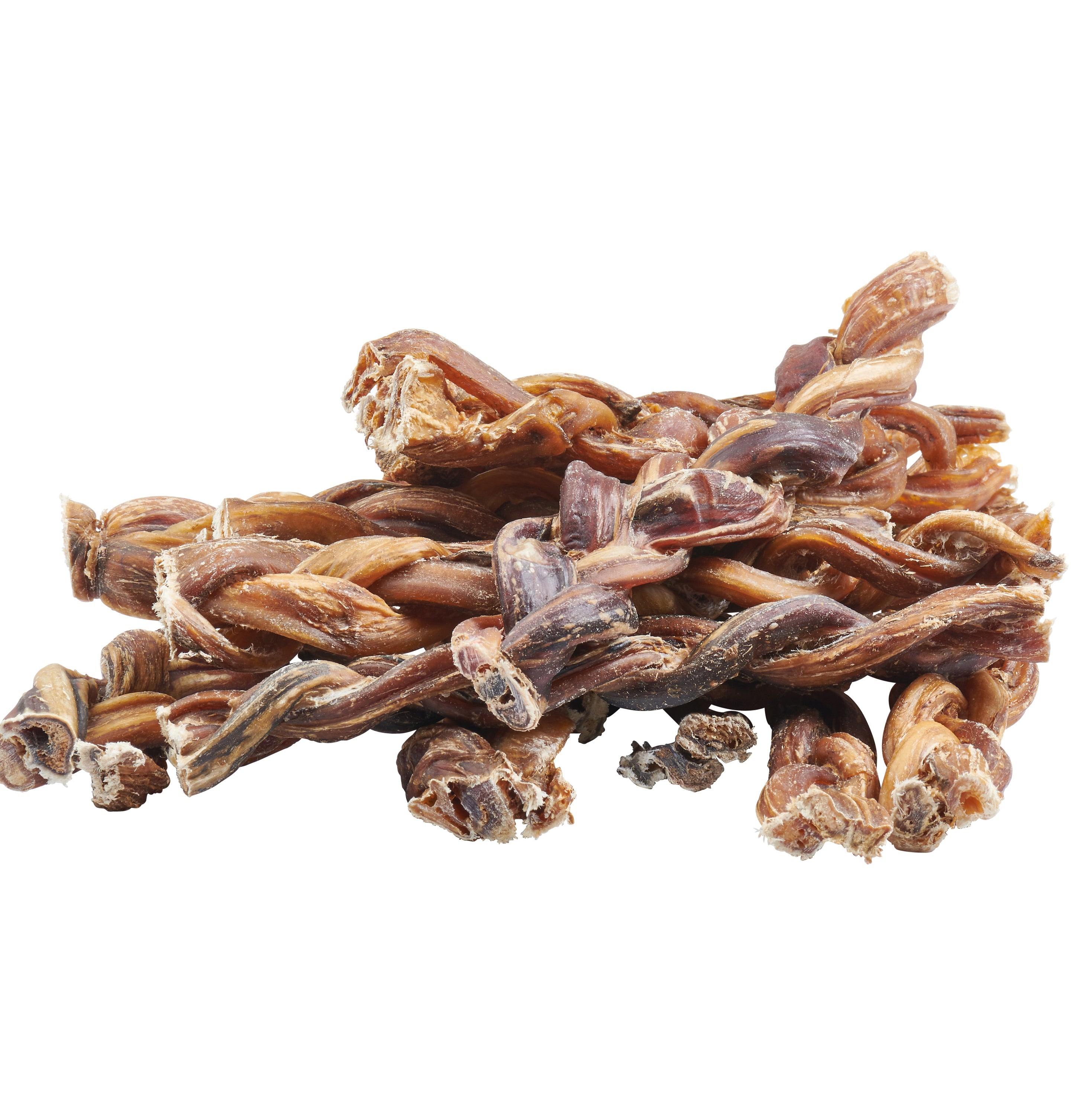 Bag of Grass-Fed Beef Braided Bully Sticks, featuring chicken-flavored EcoKind pet treats with an image of a happy dog on the packaging. These all-natural dog chews are crafted from grass-fed cattle, with braided bully sticks prominently displayed in front for your furry friend's delight.