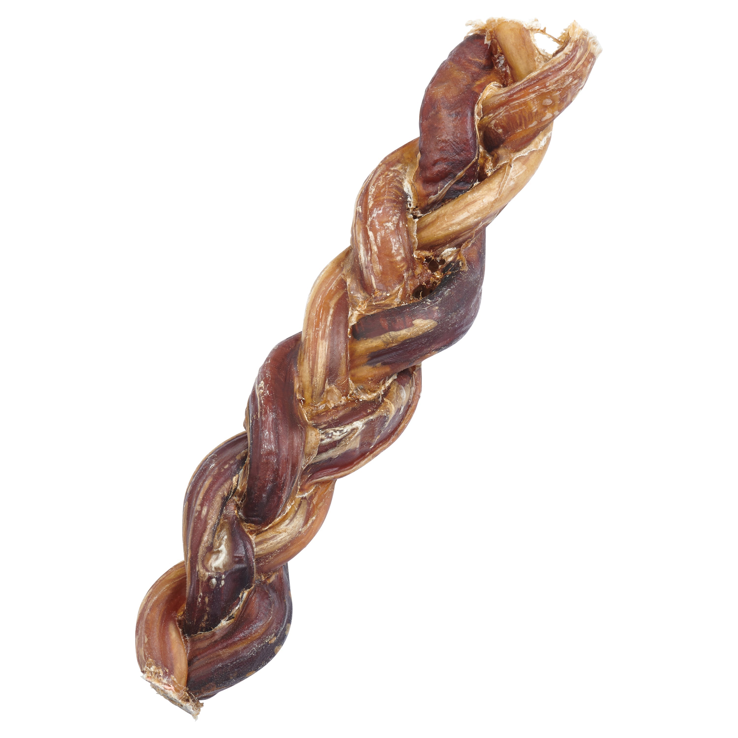 Bag of Grass-Fed Beef Braided Bully Sticks, featuring chicken-flavored EcoKind pet treats with an image of a happy dog on the packaging. These all-natural dog chews are crafted from grass-fed cattle, with braided bully sticks prominently displayed in front for your furry friend's delight.