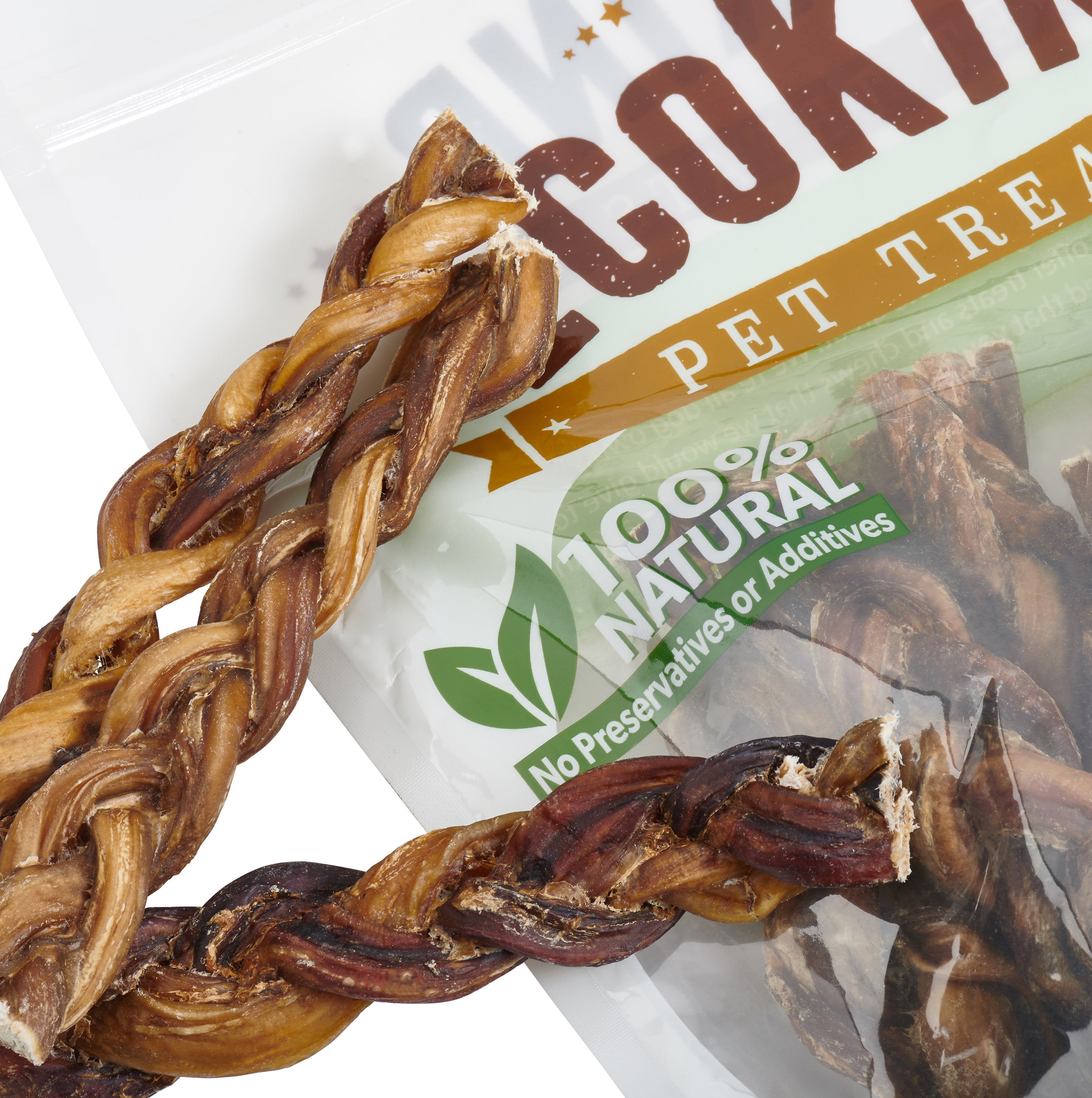 Bag of Grass-Fed Beef Braided Bully Sticks, featuring chicken-flavored EcoKind pet treats with an image of a happy dog on the packaging. These all-natural dog chews are crafted from grass-fed cattle, with braided bully sticks prominently displayed in front for your furry friend's delight.