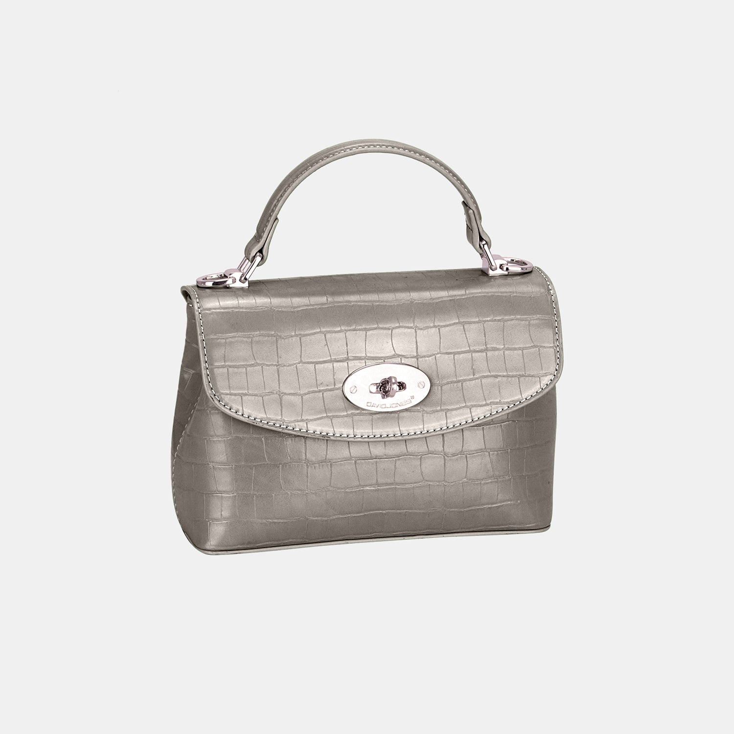 The David Jones Texture PU Leather Handbag is a small, stylish accessory featuring a crocodile texture in light green with textured PU leather. It includes a top handle and a silver clasp on the front flap, all set against a plain background.