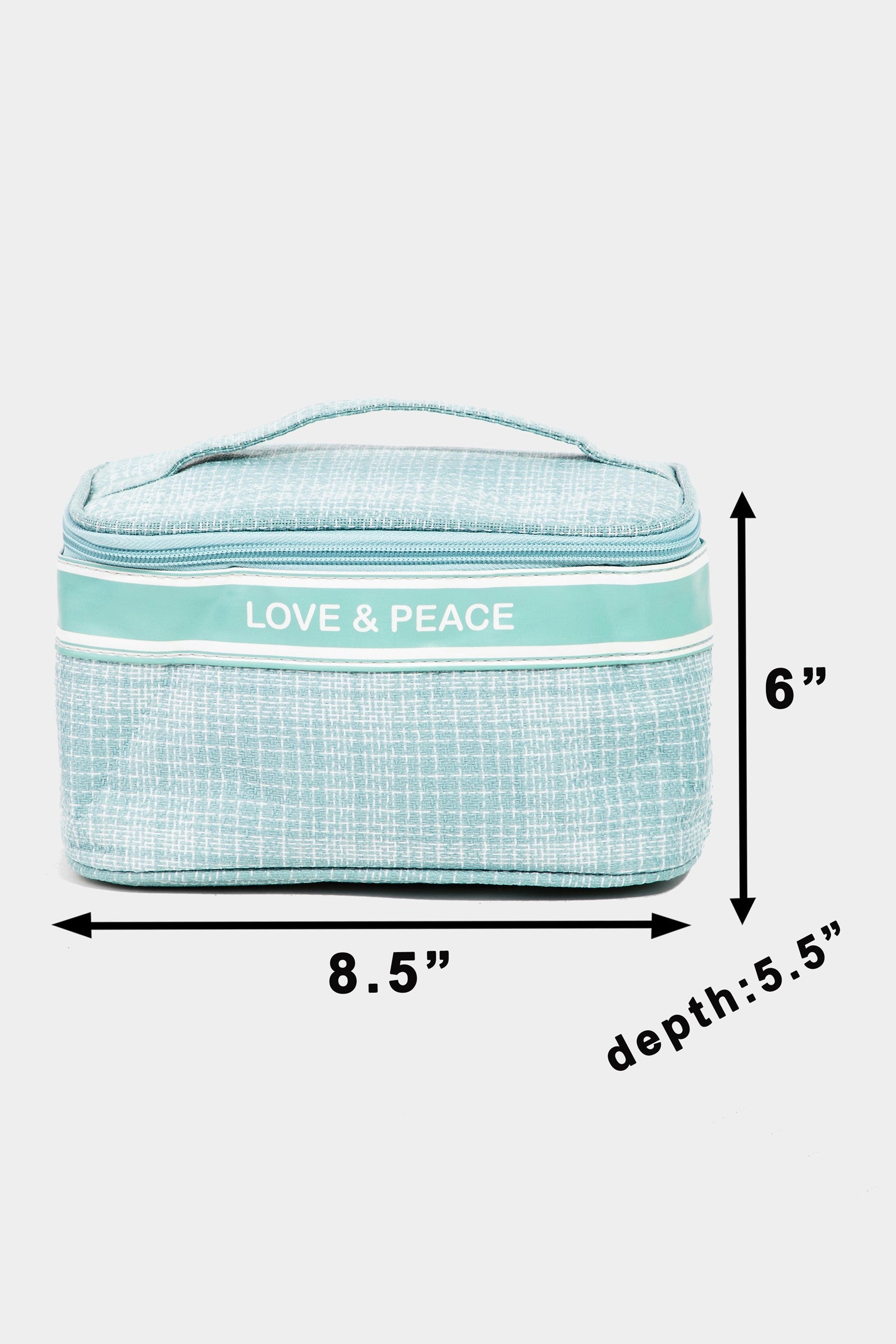 Introducing the Fame Love & Peace Striped Handle Bag: a turquoise toiletry bag with a chic design, adorned with a striped handle and secure zip closure, featuring "Love & Peace" printed on the front.