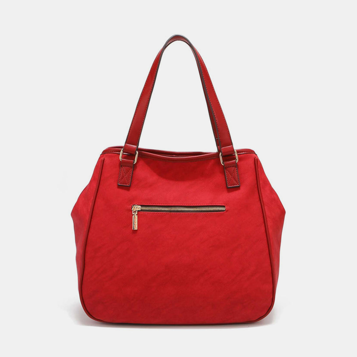 Nicole Lee USA's Scallop Stitched Tote Bag in red is made from vegan leather, showcasing textured stripes and scallop-stitched details, and includes a gold circular charm on one handle.