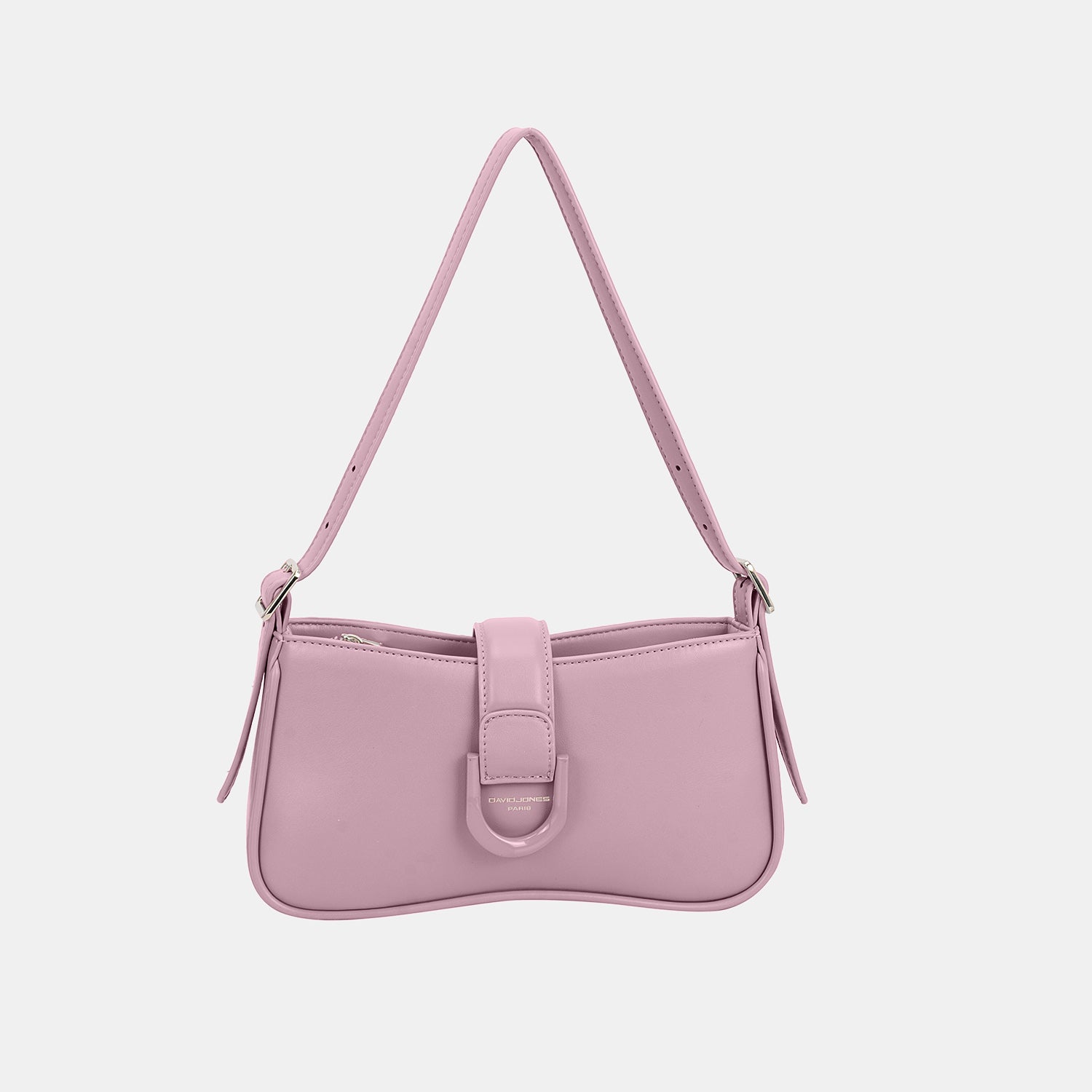 The David Jones PU Leather Shoulder Bag is a versatile accessory that features a beige curved design with a thin strap and central buckle detail.