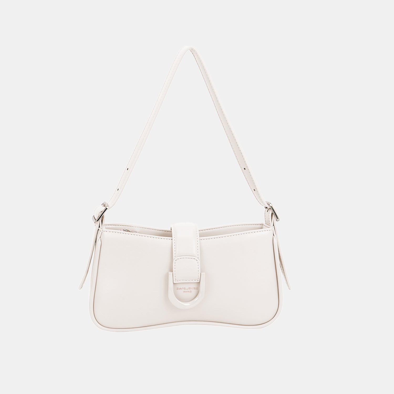 The David Jones PU Leather Shoulder Bag is a versatile accessory that features a beige curved design with a thin strap and central buckle detail.