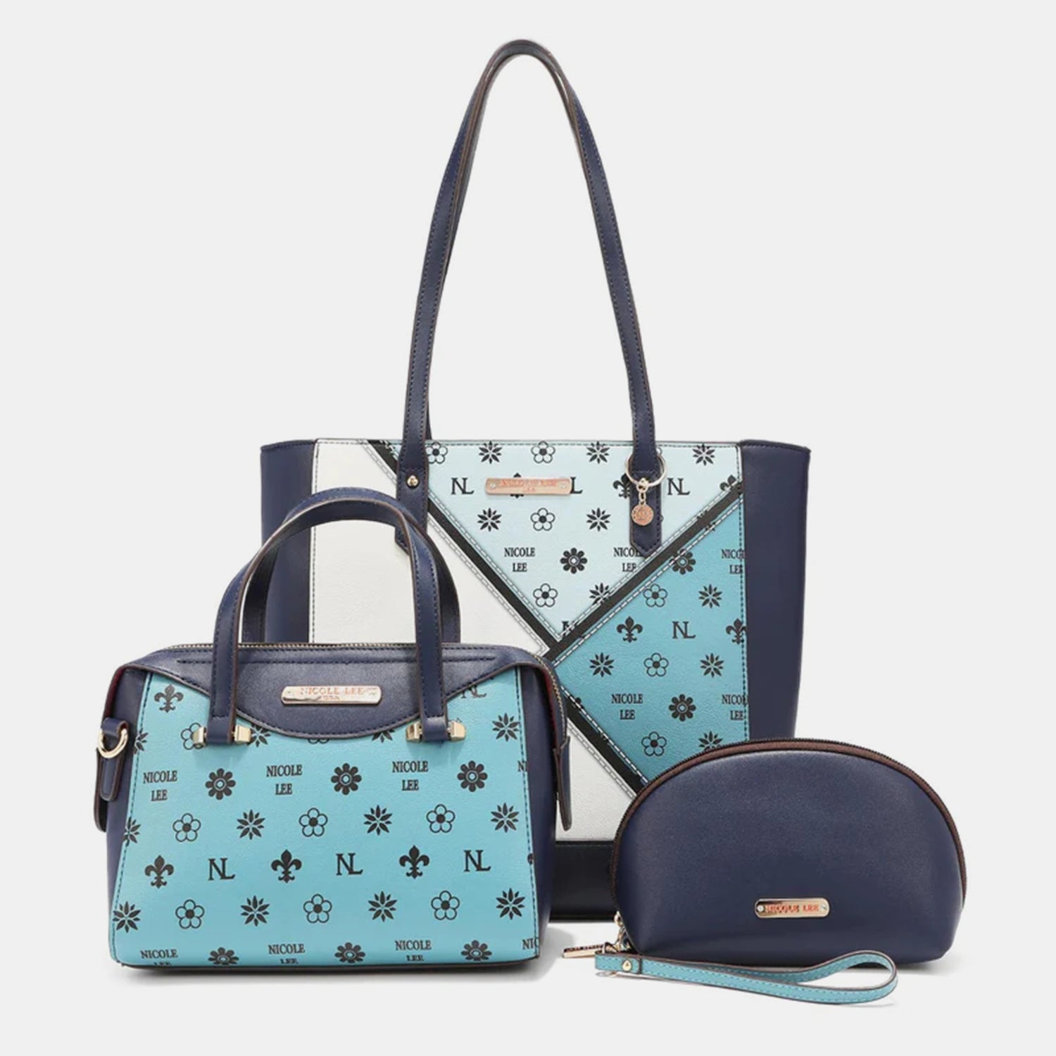 The Nicole Lee USA 3-Piece Color Block Handbag Set is a stylish collection that includes three blue and white vegan leather bags with black straps: a versatile tote bag, a chic small handbag, and an elegant round wristlet with a strap.