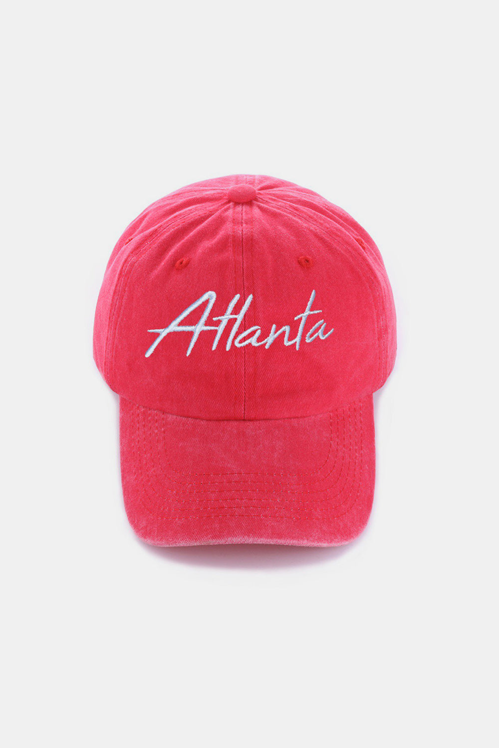 The Zenana Washed ATLANTA Embroidered Baseball Cap is a vintage style accessory, showcasing the word "Atlanta" embroidered in white on its blue denim front.