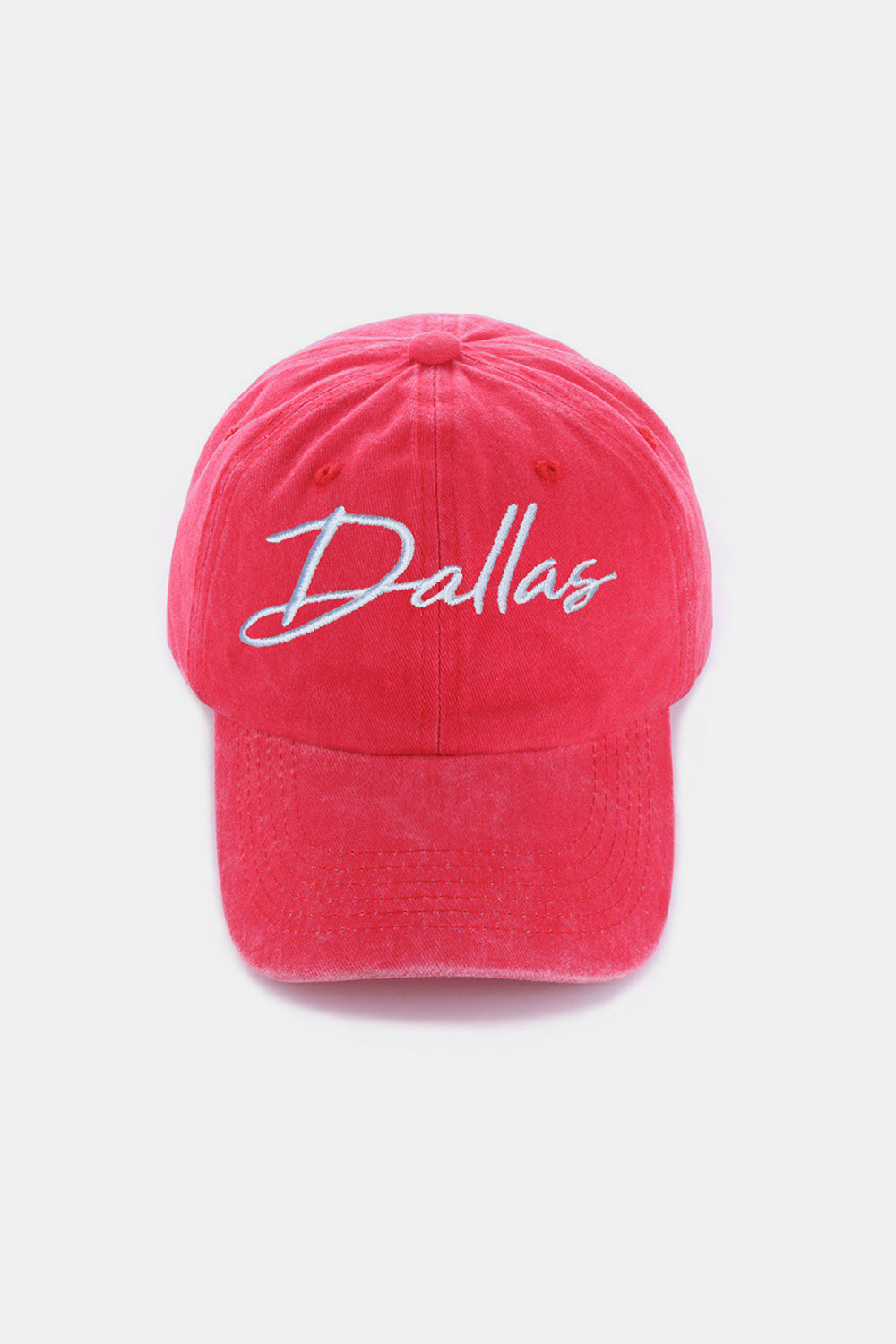 The Zenana Washed DALLAS Embroidered Baseball Cap is a black vintage-style cap featuring the word "Dallas" embroidered in white cursive font on the front, made from 100% cotton.