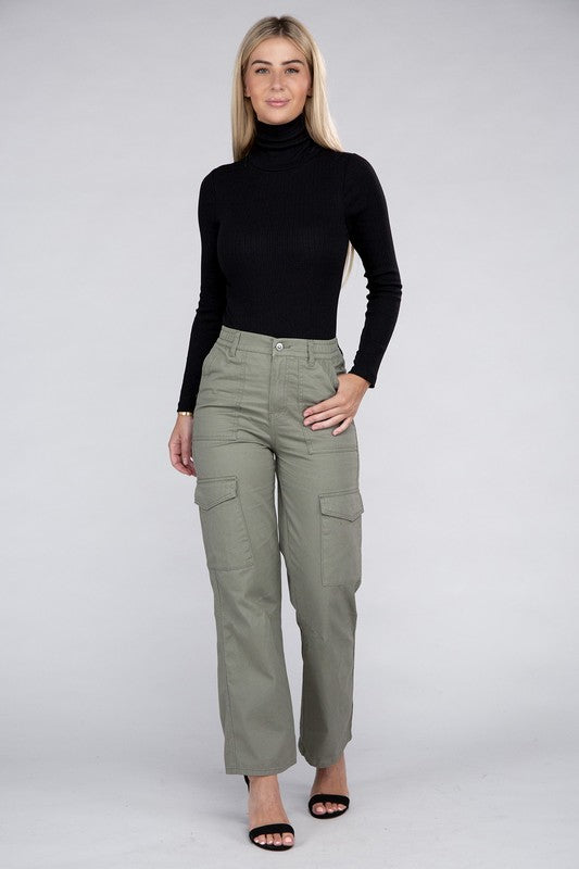 A person is wearing high-waisted, olive green Everyday Wear Elastic-Waist Cargo Pants, complemented by black high-heeled sandals.