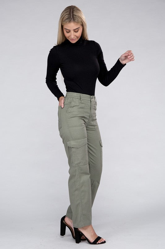 A person is wearing high-waisted, olive green Everyday Wear Elastic-Waist Cargo Pants, complemented by black high-heeled sandals.