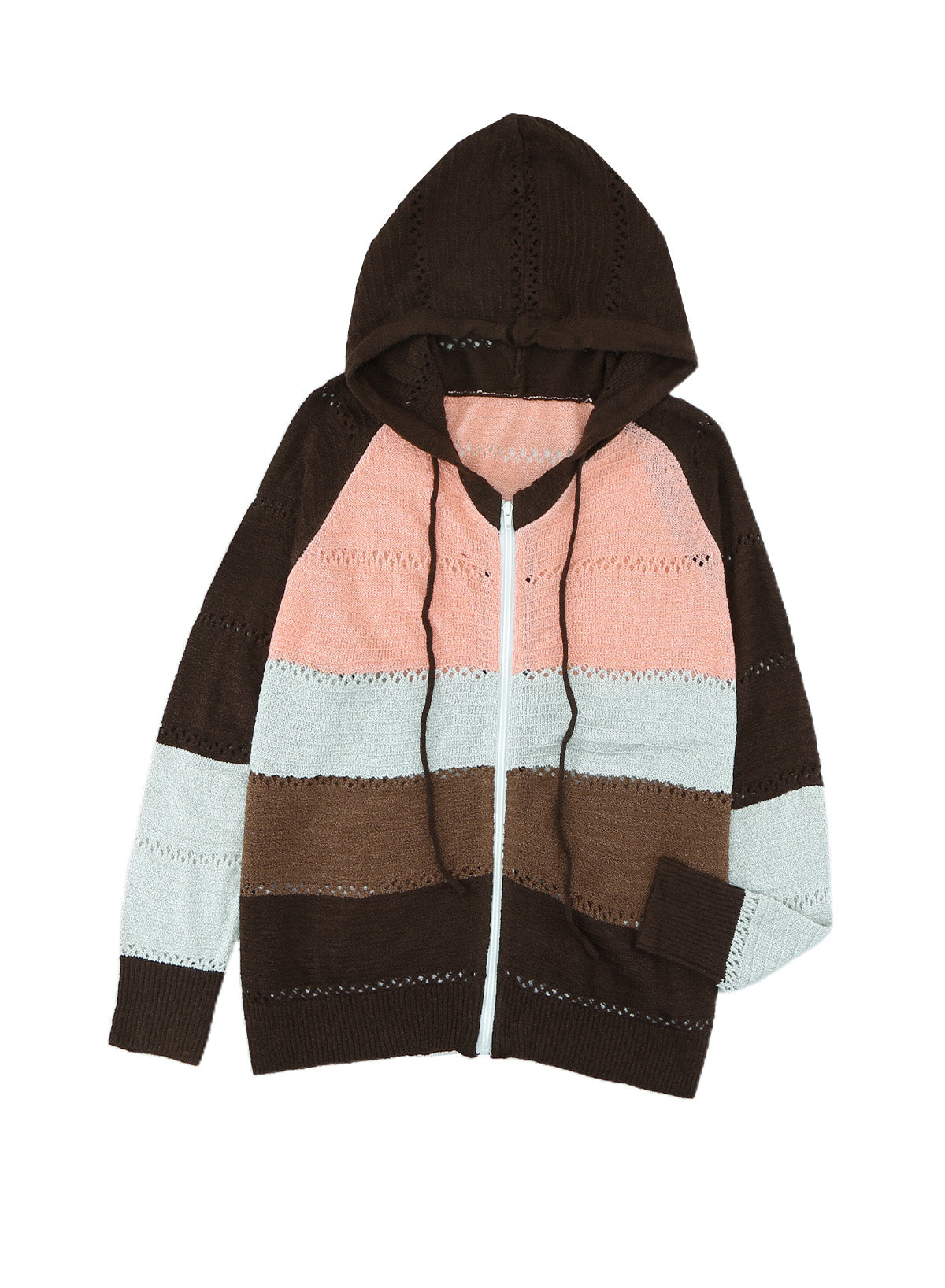 A person wearing the Brown Zipped Front Colorblock Hollow-out Knit Hoodie, featuring a multi-colored striped design with alternating bands of brown, pink, white, and gray. Seen from the back, the sweater showcases the hood and finely knitted texture. The person has long wavy hair—a perfect look for a bonfire on the beach.