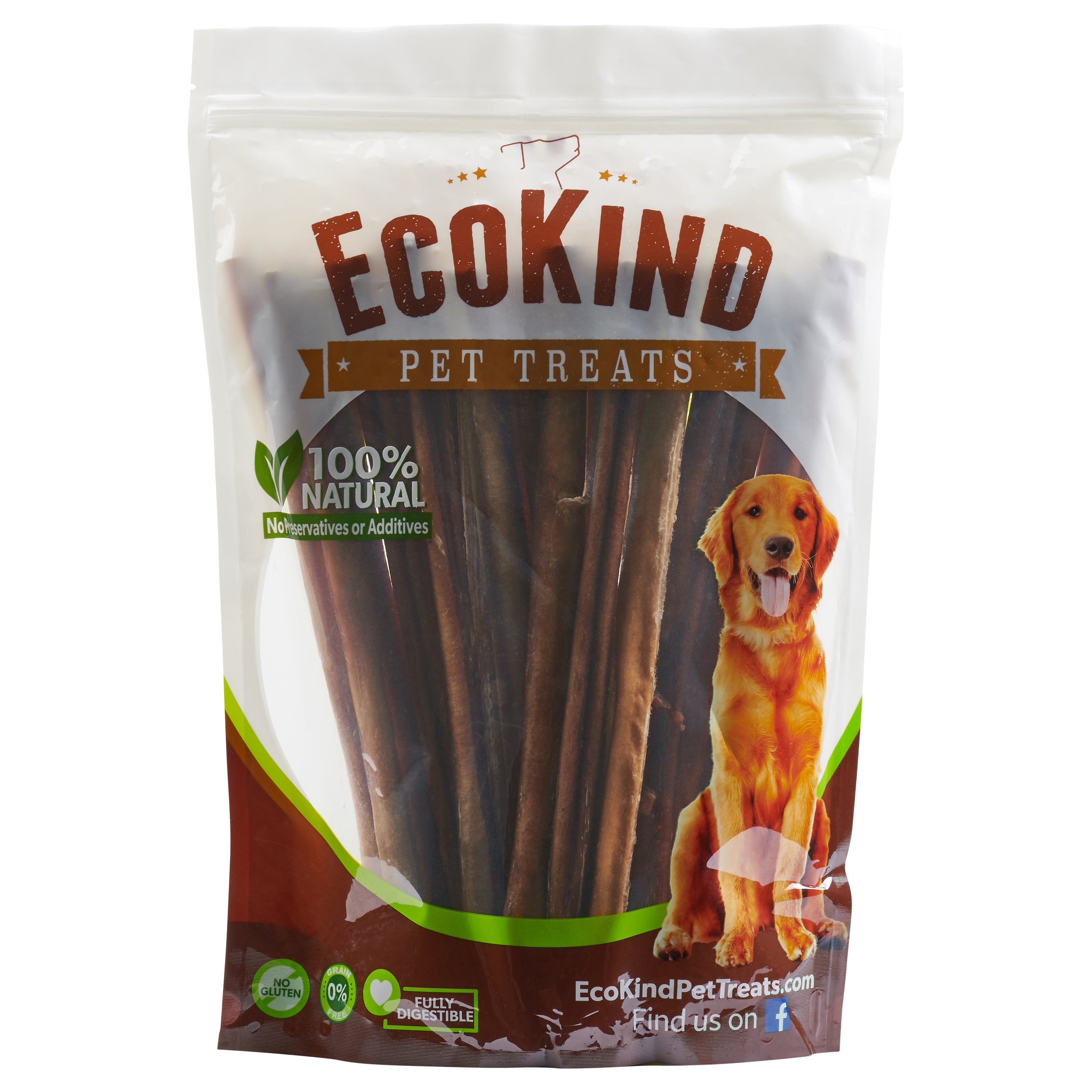 The packaging of the Brazilian Grass-Fed Beef Bully Sticks features an image of a joyful dog and prominently declares 100% natural ingredients. The bag is filled with brown treats, emphasizing the use of premium grass-fed bully sticks for your furry companion.