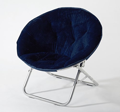 A black, round, collapsible Faux Fur Saucer Chair with a soft cushioned seat and a metallic frame.