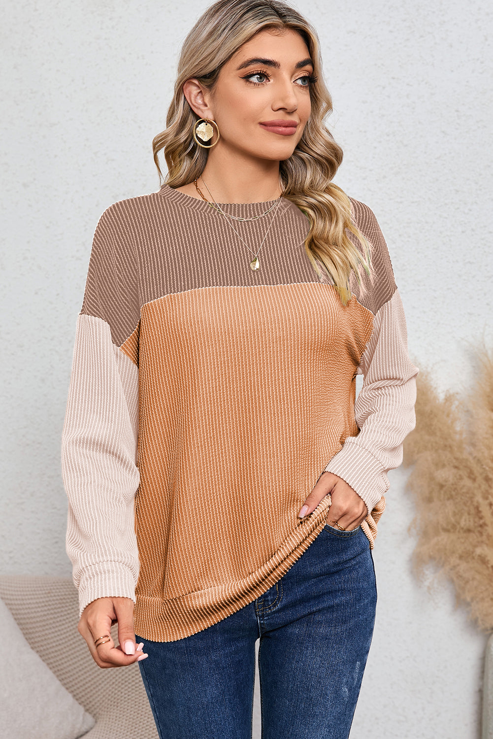 Wholesale Black Color Block Corduroy Long Sleeve Tops.
