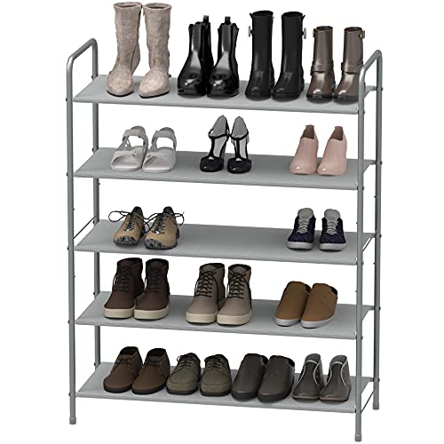 A modern Simple Houseware 4-Tier Shoe Rack Storage Organizer 20-Pair, Grey made of metal with gray fabric shelves.