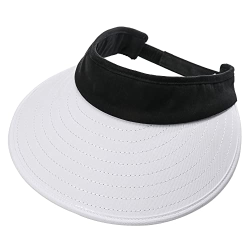 Woman wearing a Sun Visor Hats Women Large Brim Summer UV Protection Beach Cap and sunglasses, styled with a white t-shirt and ponytail, looking to the side against a white background.