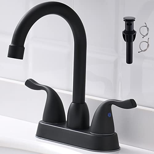 2 Handle Black Bathroom Sink Faucet - 4 Inch Centerset Faucet Bathroom 2 or 3 Hole Lavatory Faucet Bathroom Vanity Sink Faucets with Pop-up Drain and Supply Lines Matte Black installed on a white sink.