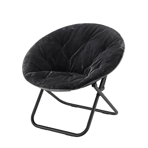 A black, round, collapsible Faux Fur Saucer Chair with a soft cushioned seat and a metallic frame.