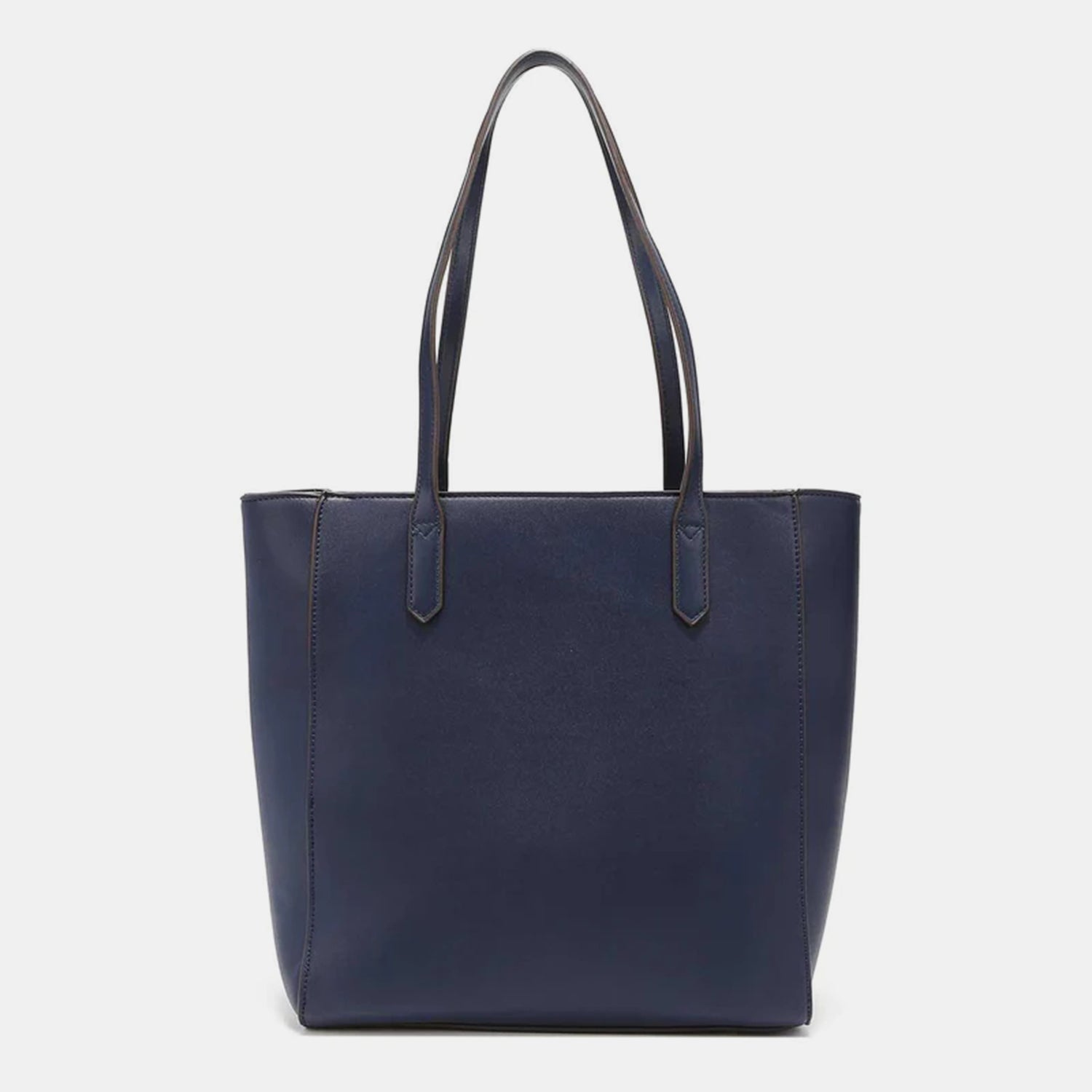 The Nicole Lee USA 3-Piece Color Block Handbag Set is a stylish collection that includes three blue and white vegan leather bags with black straps: a versatile tote bag, a chic small handbag, and an elegant round wristlet with a strap.