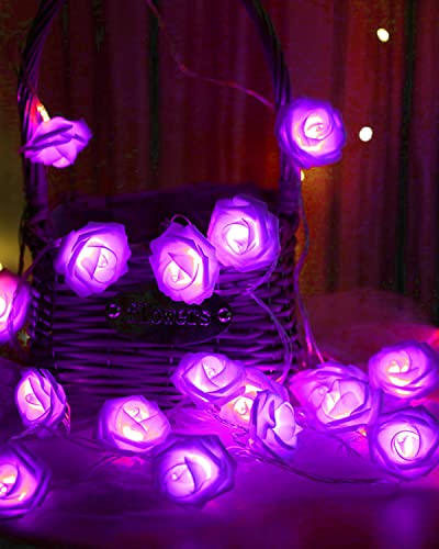 The Blue Rose Flower String Lights - 14.7ft 30 LED Fairy Lights Flower Garland Lights are elegantly draped over a stack of books and a framed photo, creating a romantic, glowing decor for any occasion, whether it's indoors or outdoors.