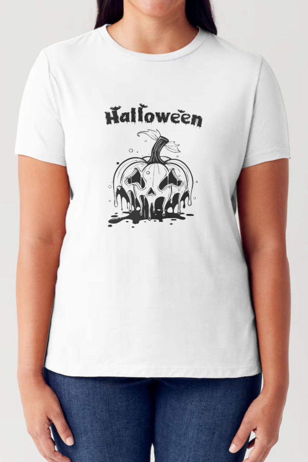 A person wears a Simply Love Full Size HALLOWEEN Short Sleeve Tubular T-Shirt featuring a festive graphic depicting a melting pumpkin with the word "Halloween" printed above it. Complementing their fun and breathable fabric choice, they are also sporting blue jeans.