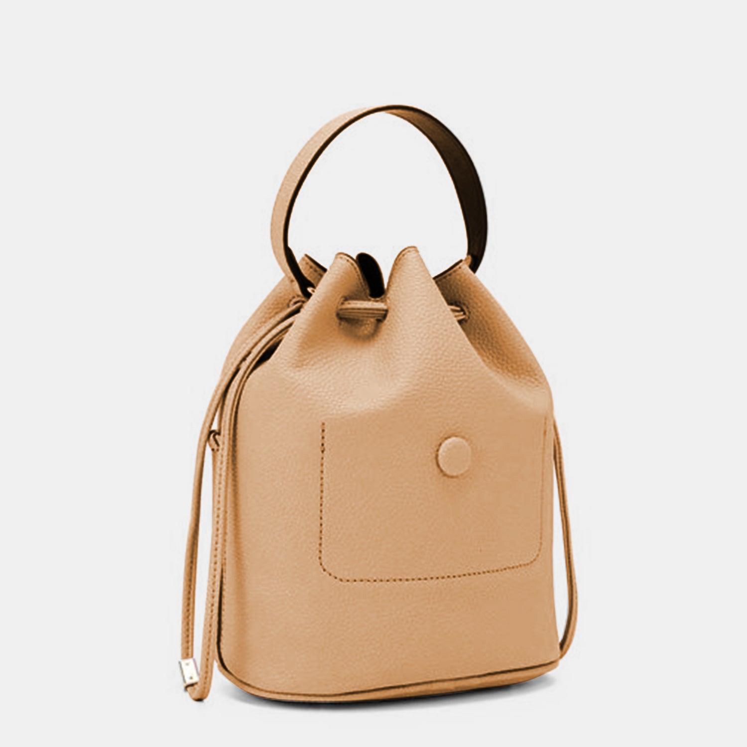 Nicole Lee USA Drawstring Bucket Bag made from eco-leather with an adjustable black strap, featuring a cinched top and gold-toned hardware, along with a silver clasp at the front.