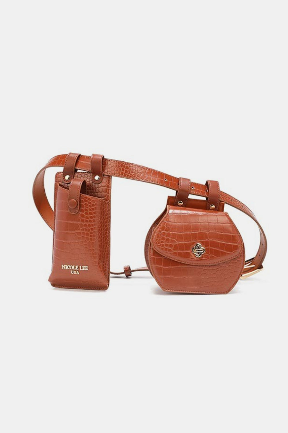 The Nicole Lee USA 2 Piece Texture Belt Bag is a brown vegan leather belt with an attached phone case and small pouch featuring a crocodile skin pattern. The adjustable belt also includes removable pouches for added convenience and style.