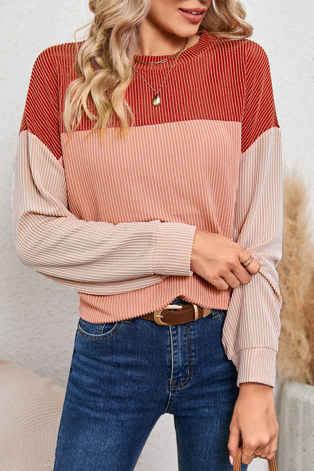Wholesale Black Color Block Corduroy Long Sleeve Tops.