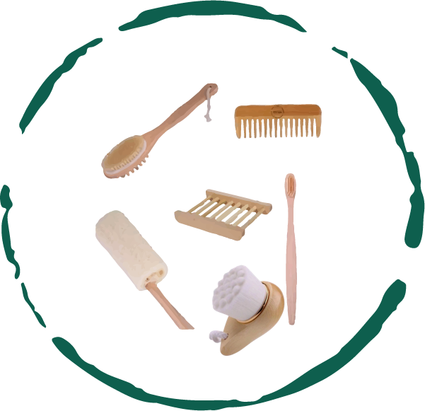 Introducing the Zero-Waste Bath Accessories Bundle, featuring eco-friendly bamboo essentials such as a body brush, comb, soap dish, toothbrush, loofah, and facial brush against a white background.