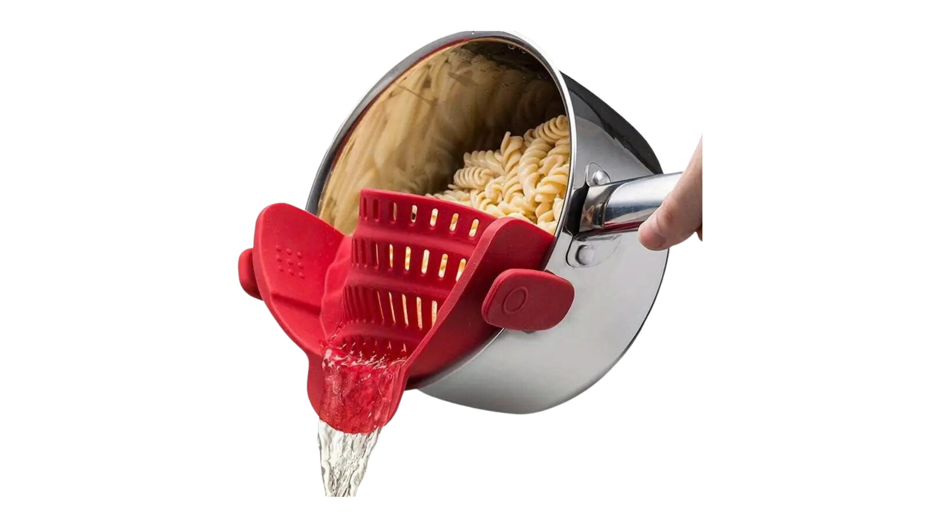 A person is using a Silicone Pot Strainer to pour pasta into a pan for their culinary endeavors.