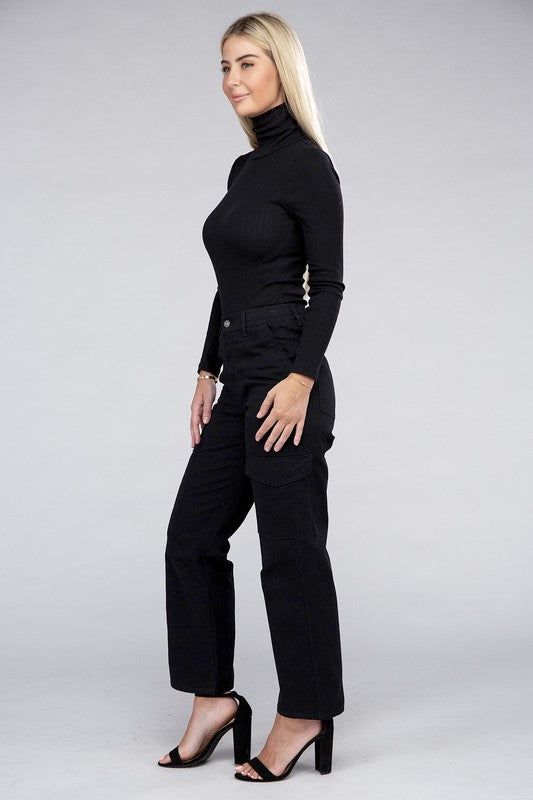 A person is wearing high-waisted, olive green Everyday Wear Elastic-Waist Cargo Pants, complemented by black high-heeled sandals.