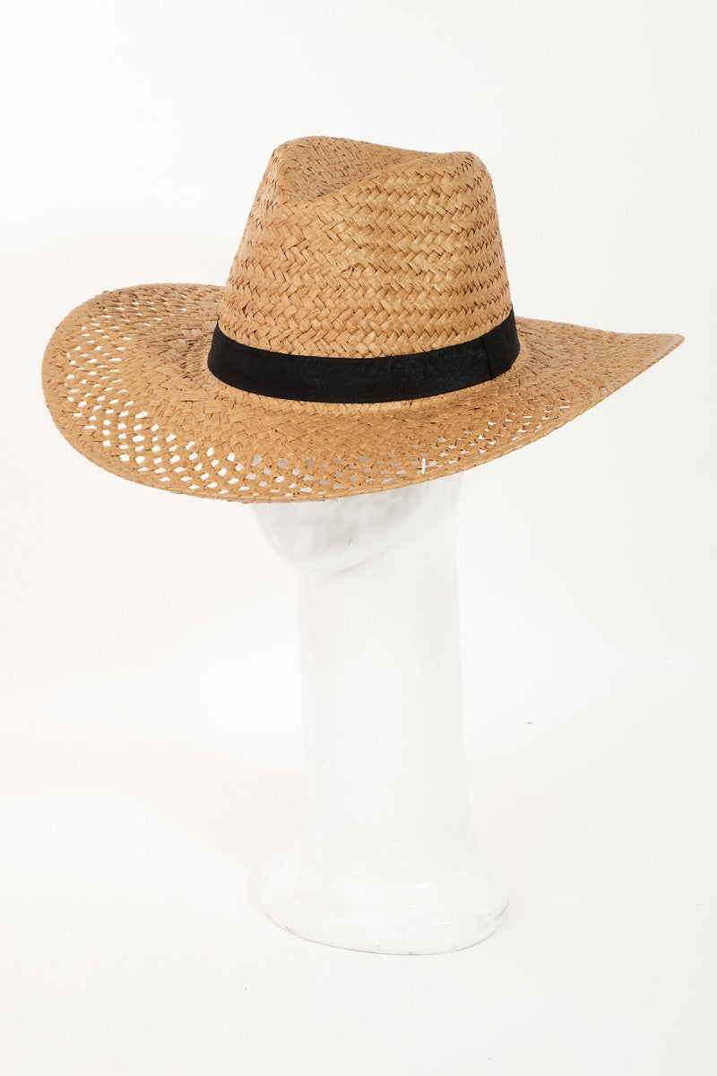 The Fame Basket Weave Straw Sun Hat, featuring a black band and ideal as a fashion accessory, is showcased on a clear stand against a white background.