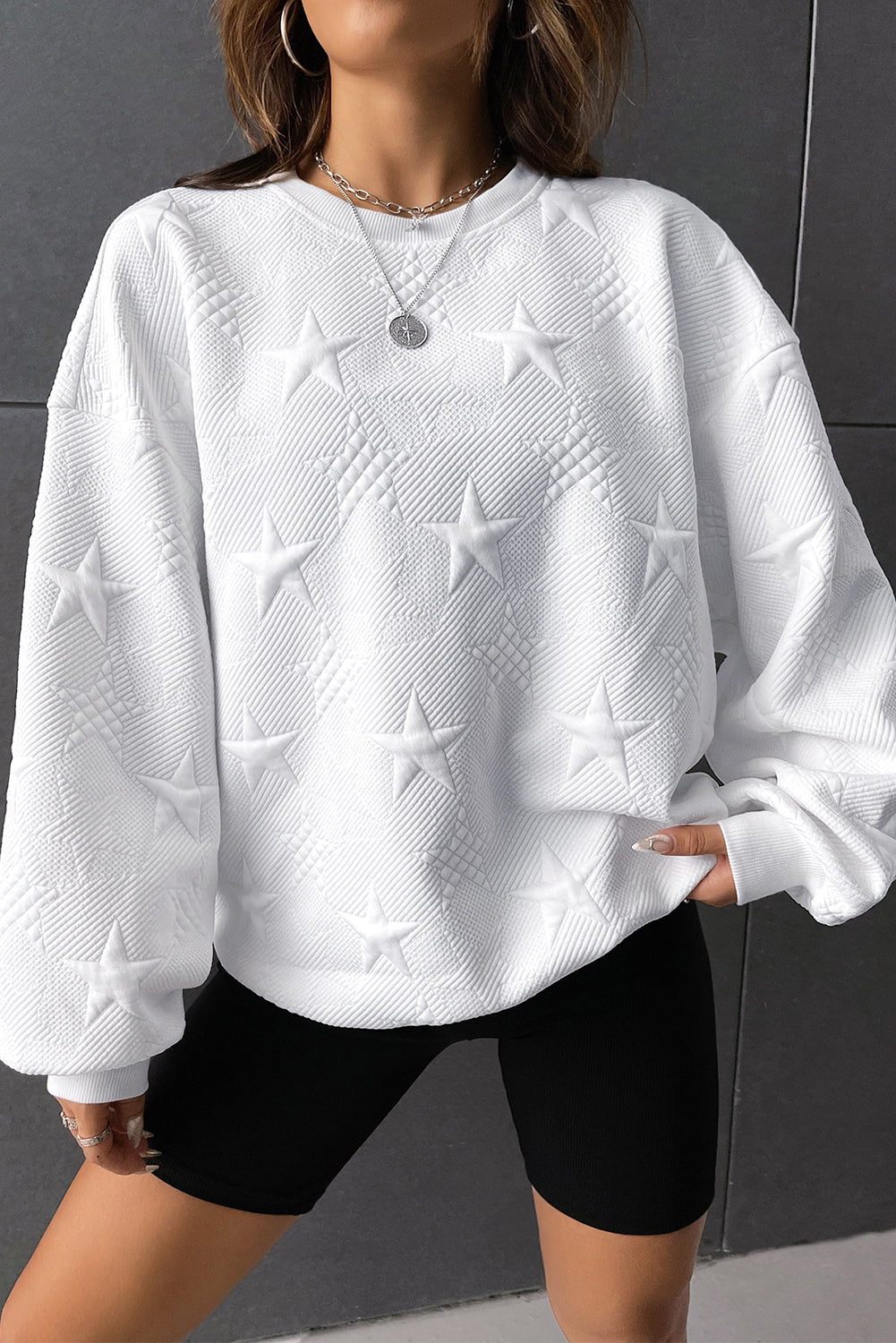 White Star Embossed Textured Drop Shoulder Sweatshirt