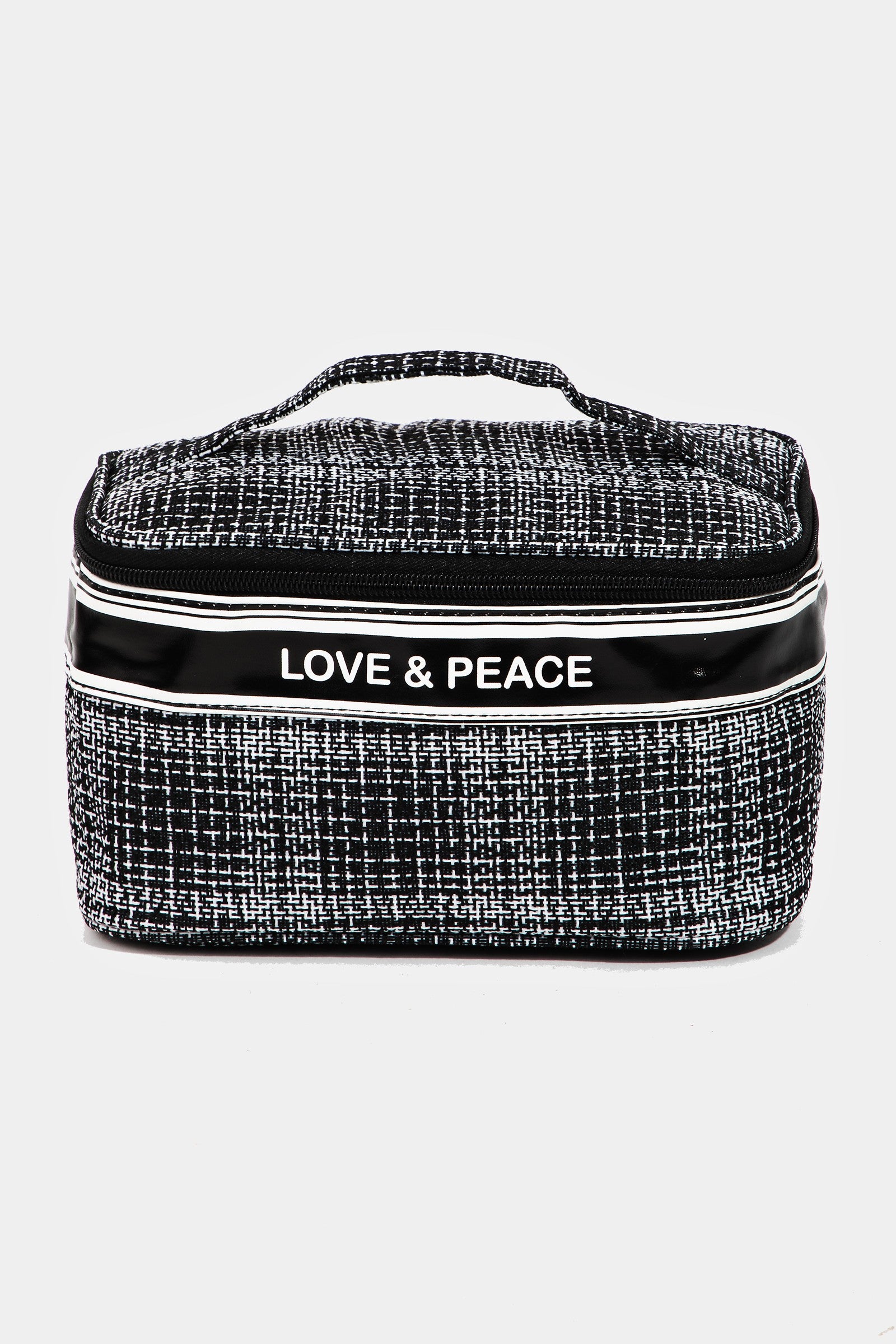 Introducing the Fame Love & Peace Striped Handle Bag: a turquoise toiletry bag with a chic design, adorned with a striped handle and secure zip closure, featuring "Love & Peace" printed on the front.