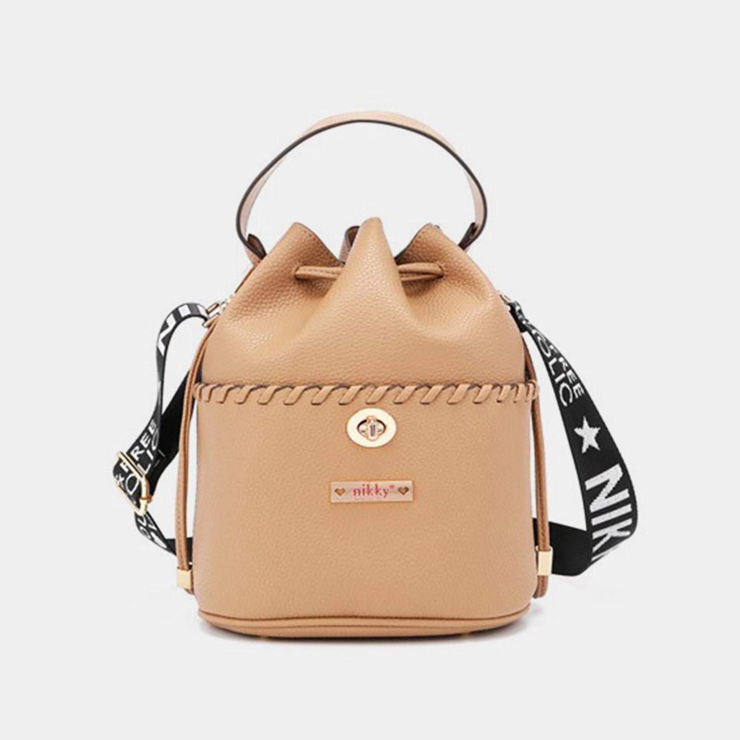 Nicole Lee USA Drawstring Bucket Bag made from eco-leather with an adjustable black strap, featuring a cinched top and gold-toned hardware, along with a silver clasp at the front.