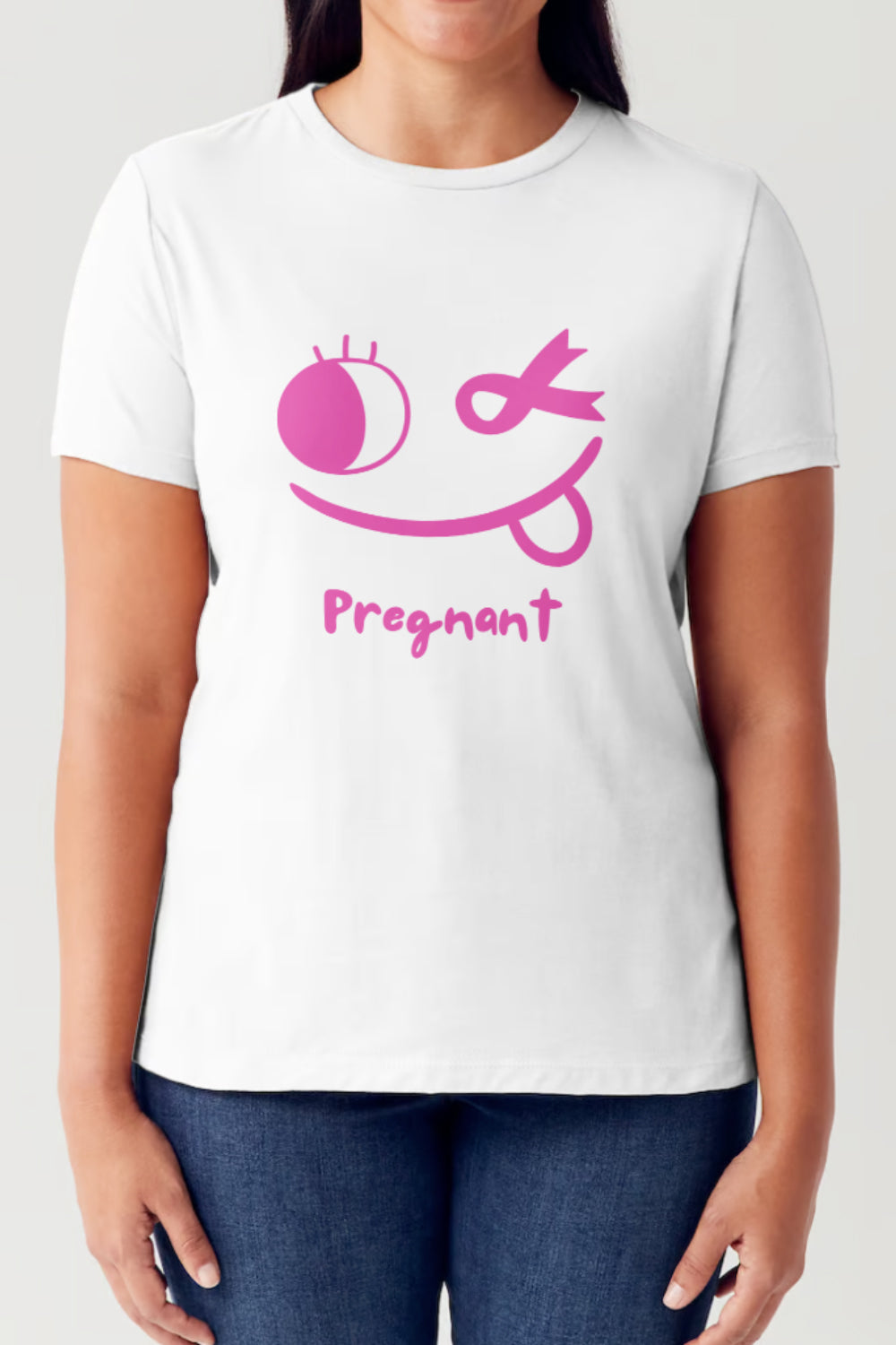 A person wearing the Simply Love Full Size Graphic Short Sleeve Round Neck Tubular T-Shirt, which features a pink winking face graphic and the word "Pregnant" beneath it, made with tubular construction.