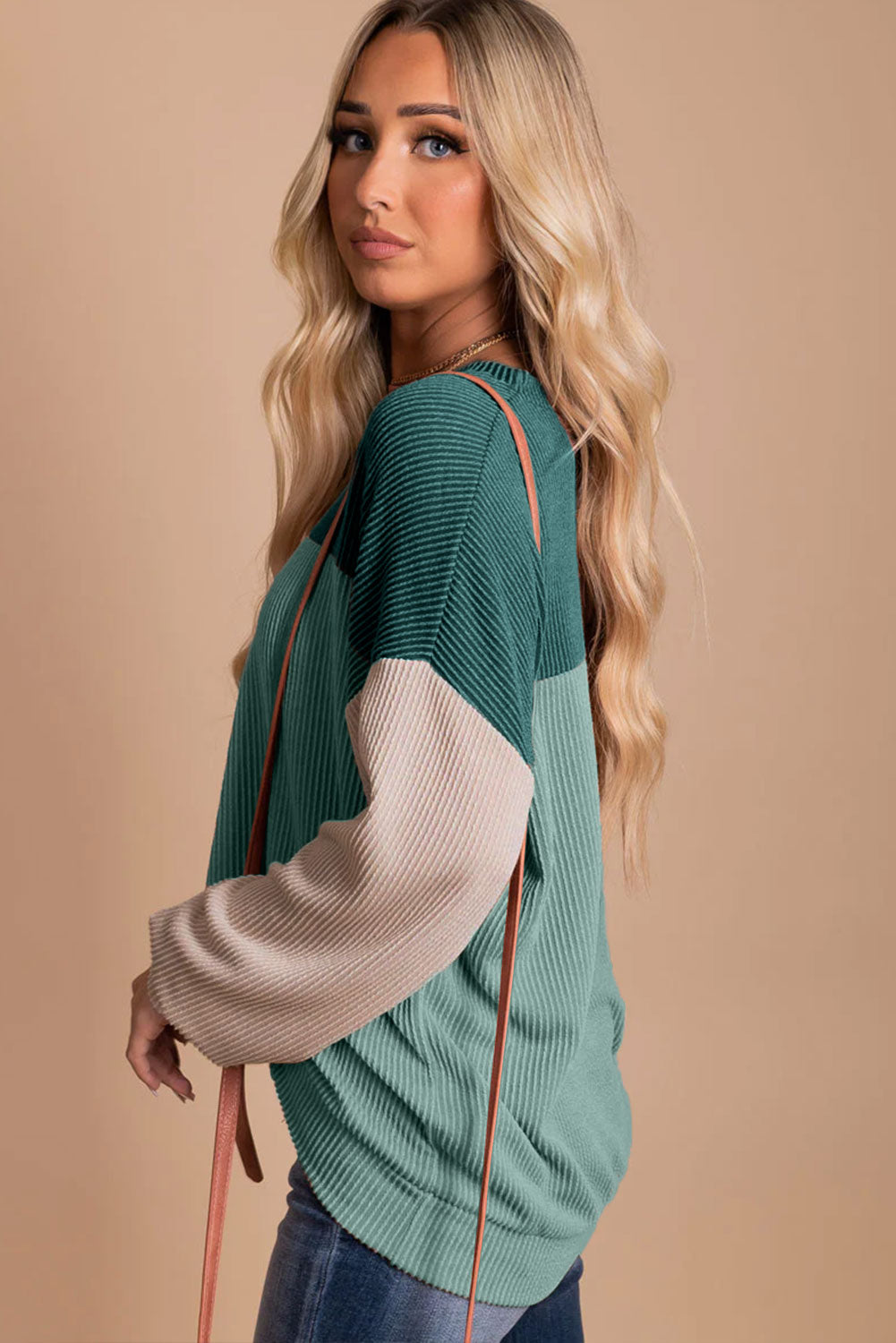 Wholesale Black Color Block Corduroy Long Sleeve Tops.