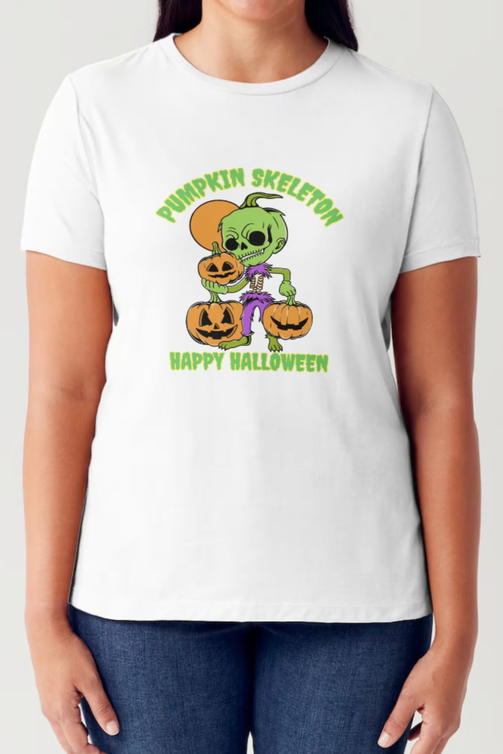 A person wearing a black Simply Love Full Size PUMPKIN SKELETON HAPPY HALLOWEEN Short Sleeve Tubular T-Shirt featuring a cartoon skeleton holding pumpkins, with "Pumpkin Skeleton" at the top and "Happy Halloween" at the bottom.