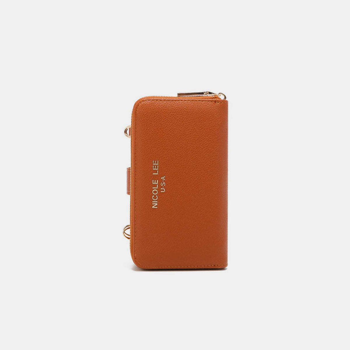 A yellow Nicole Lee USA 2 Piece Phone Case Crossbody Wallet, crafted from vegan leather, with a detachable strap and a snap button closure, displayed against a white background.