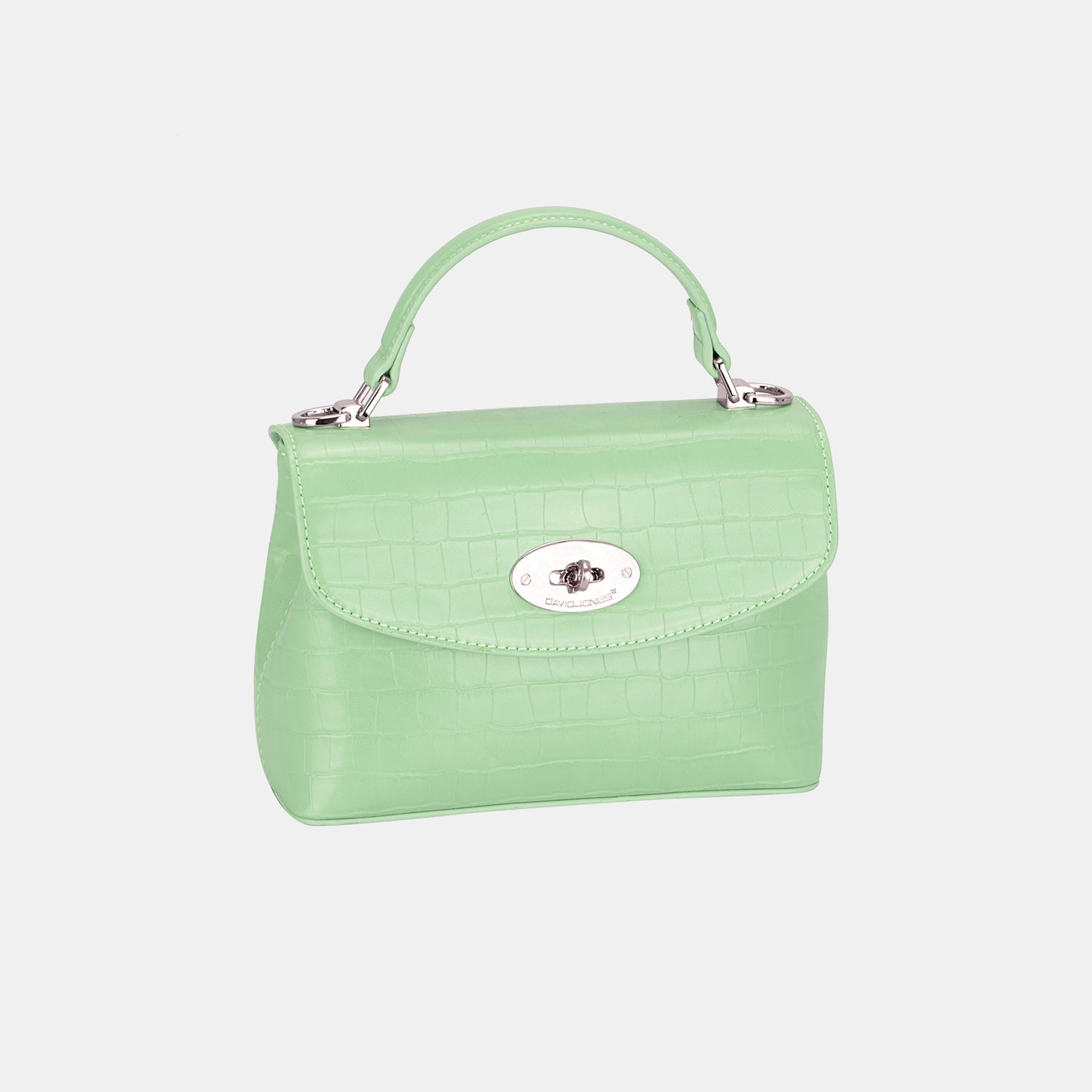 The David Jones Texture PU Leather Handbag is a small, stylish accessory featuring a crocodile texture in light green with textured PU leather. It includes a top handle and a silver clasp on the front flap, all set against a plain background.