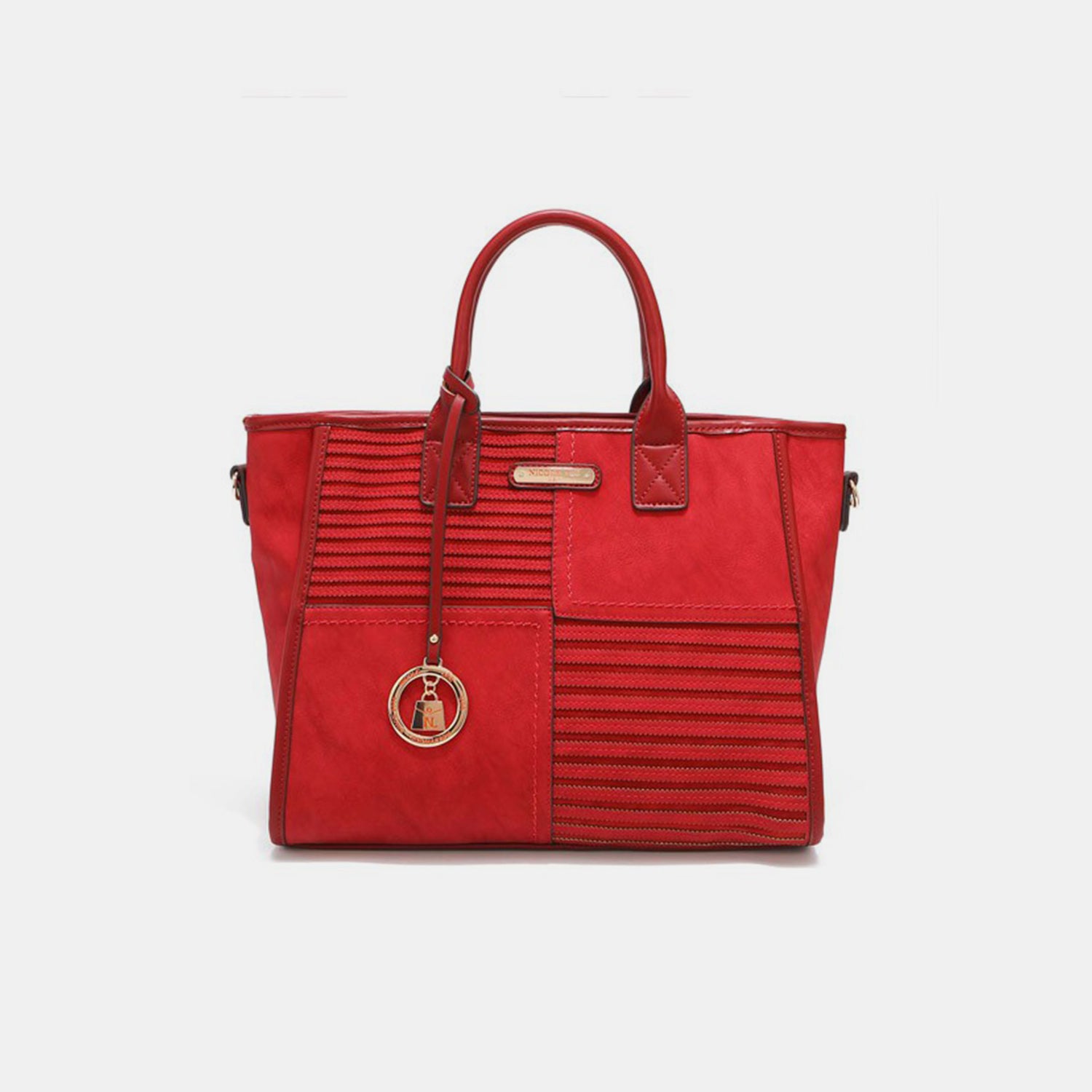 The Nicole Lee USA Scallop Stitched Handbag is crafted from vegan leather in a striking red color, featuring a textured front and elegant gold accents. It includes scallop-stitched details, two handles, and an adjustable shoulder strap for versatile carrying options.