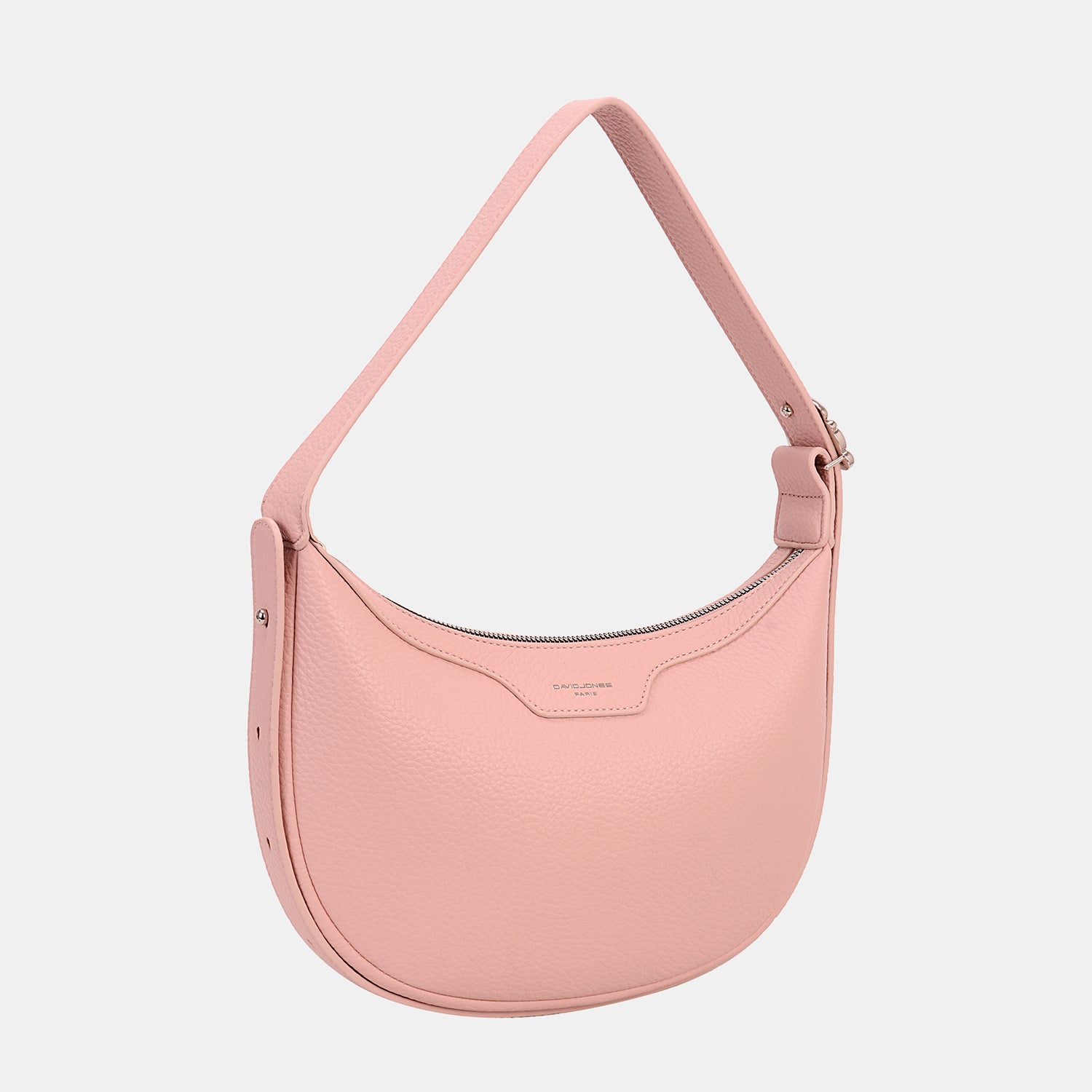 The David Jones PU Leather Crossbody Bag is a fashionable accessory that boasts a light pink hue, a curved design, and a practical top zipper closure.