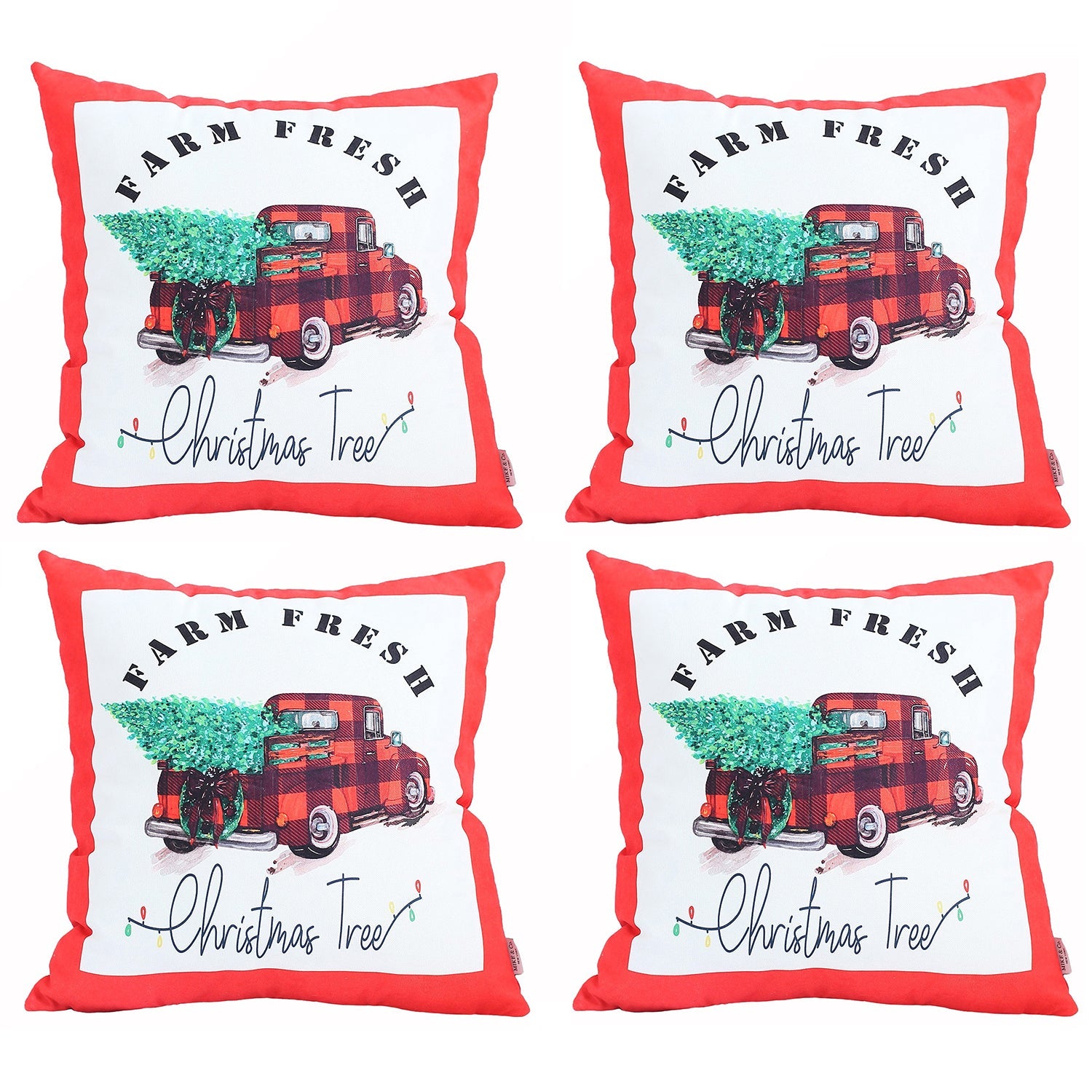 The Christmas Truck Decorative Throw Pillow Set of 4, each measuring 18" x 18" in festive red and white, features a charming design of a red truck carrying a Christmas tree with the "Farm Fresh" text. These pillows are perfect for adding holiday warmth to your sofa or bedding. The cozy setup is enhanced by a basket and fur blanket on the floor, while other festive decor brightens the background. Conveniently machine washable pillow inserts make this an ideal choice for your holiday decor.