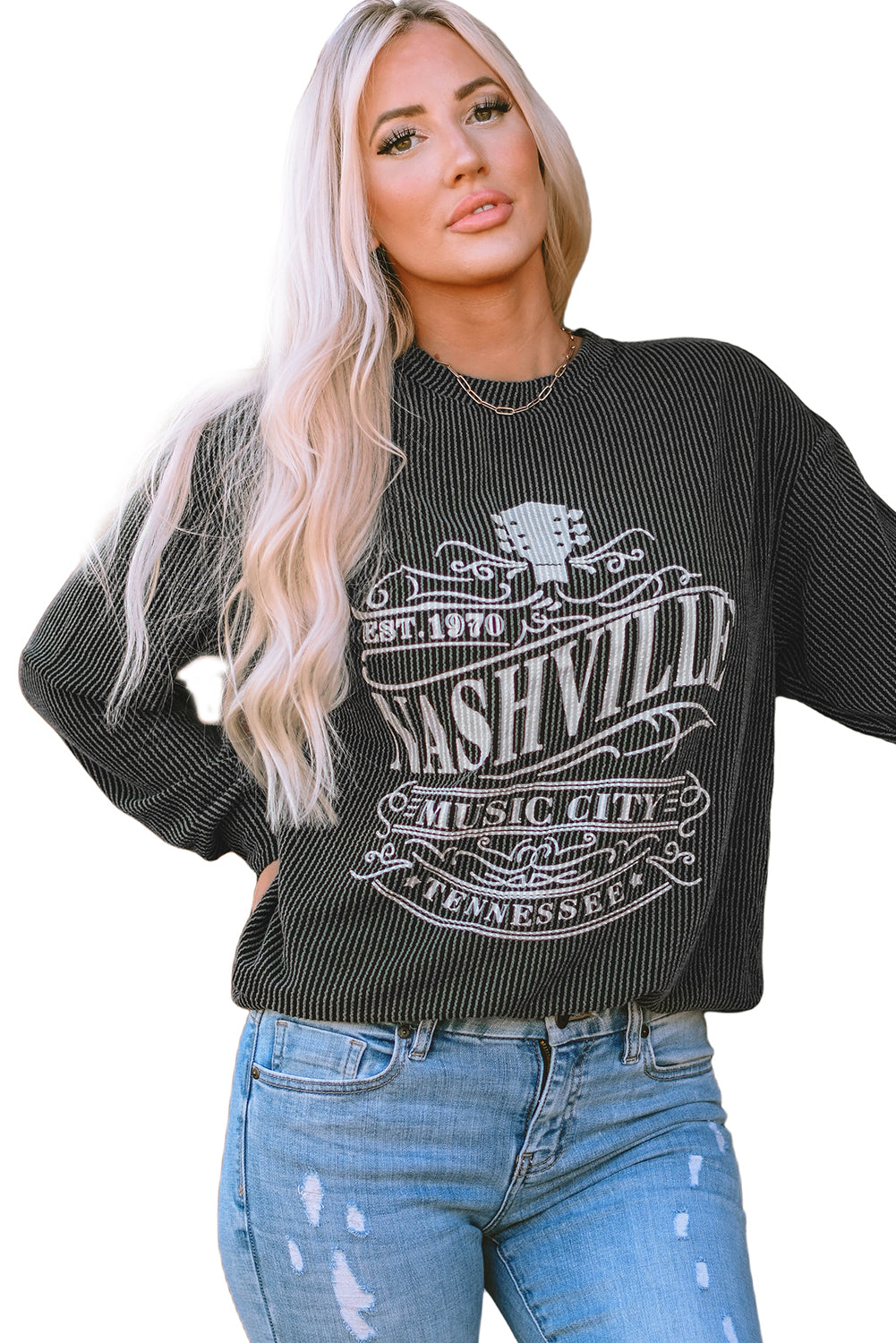 Black NASHVILLE MUSIC CITY Corded Graphic Sweatshirt