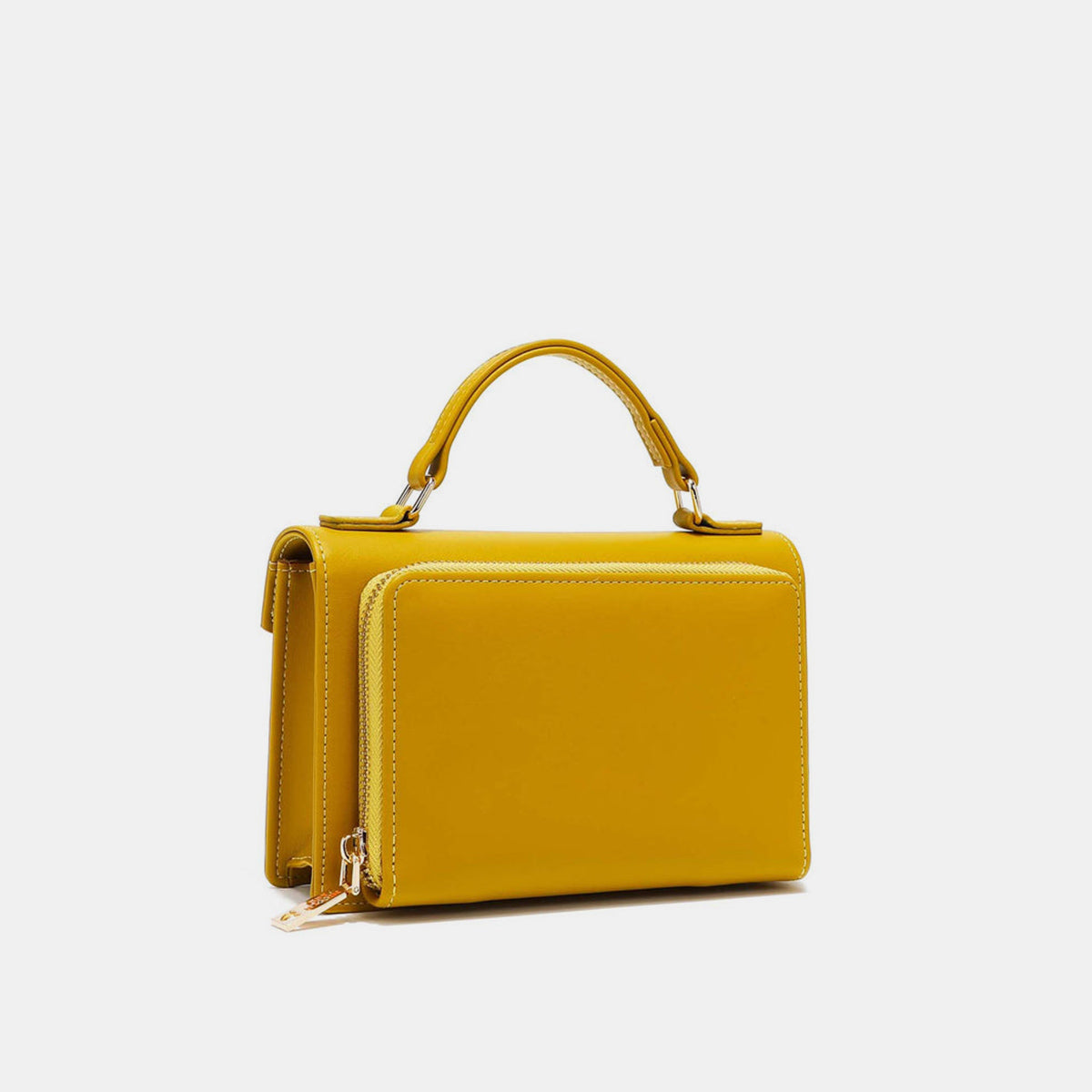 The Nicole Lee USA Small Crossbody Wallet in bright yellow features a handle and flap closure, accented with "nicole lee" in metallic letters on the front. It also includes an adjustable crossbody strap for versatile wear.